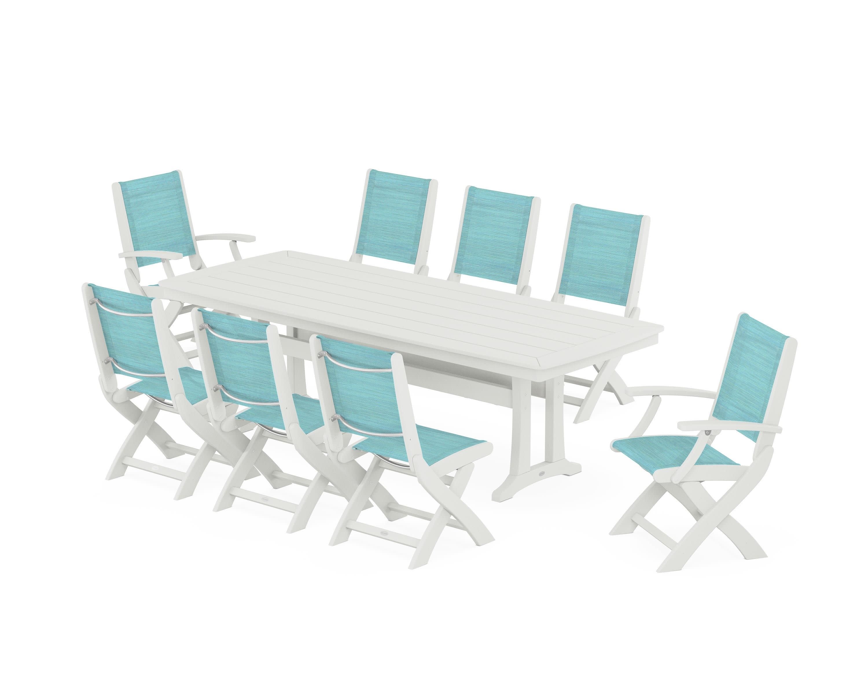 Coastal Folding 9-Piece Dining Set with Trestle Legs in Vintage White / Dupioni Aquamarine Sling