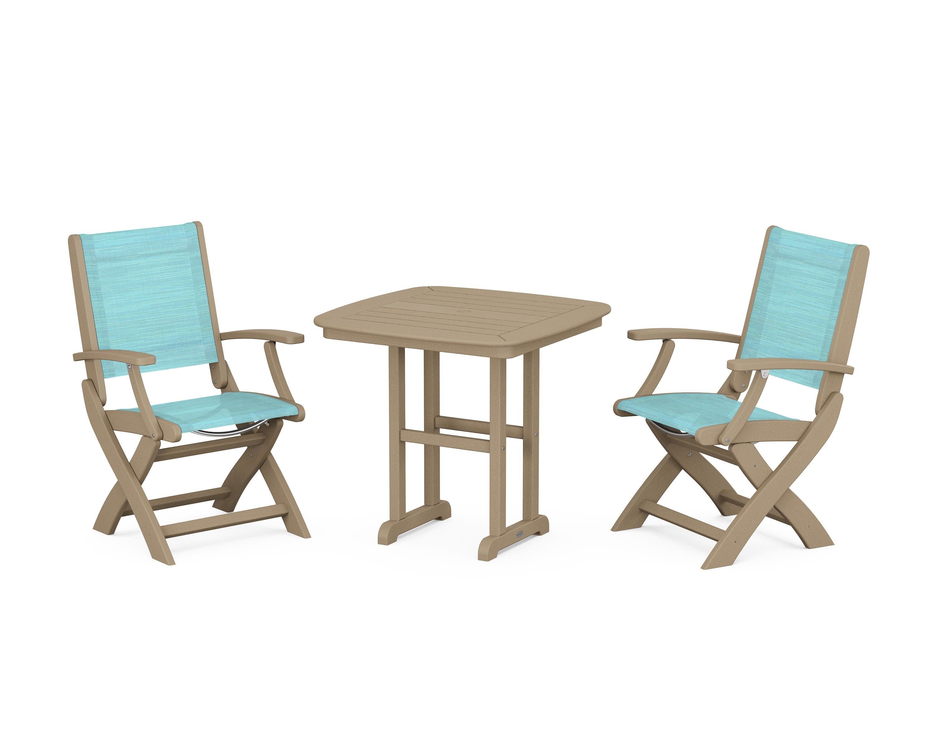 Coastal Folding Chair 3-Piece Dining Set in Vintage Sahara / Dupioni Aquamarine Sling