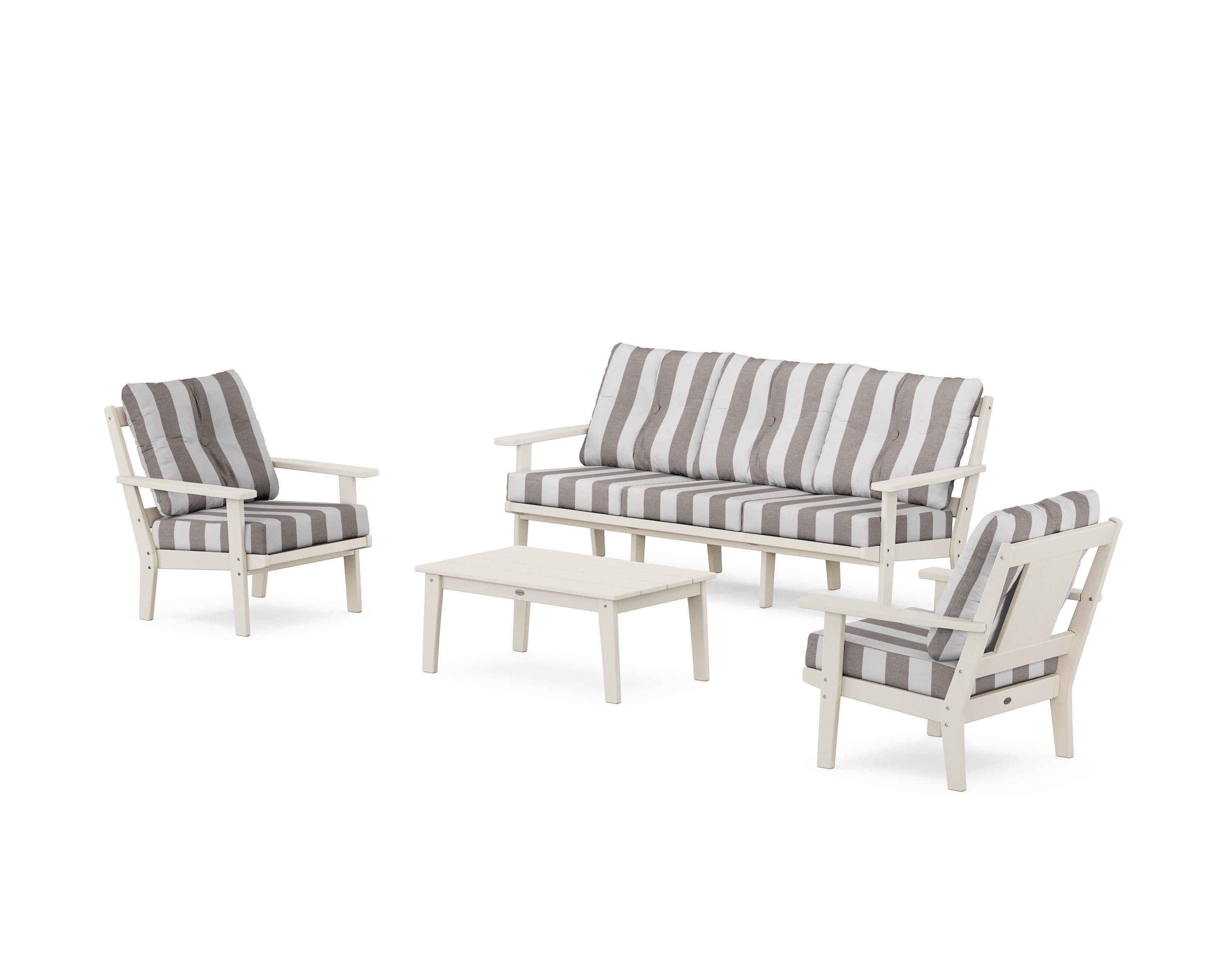 Prairie 4-Piece Deep Seating Set with Sofa in Sand / Cabana Stripe Grey Mist