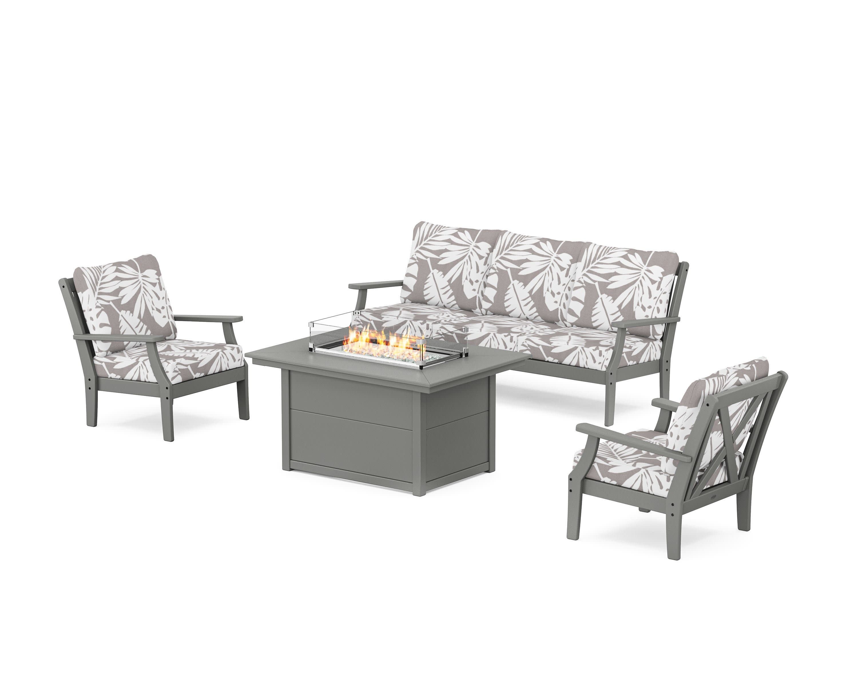 Braxton Deep Seating Fire Pit Table Set in Slate Grey / Leaf Grey Mist