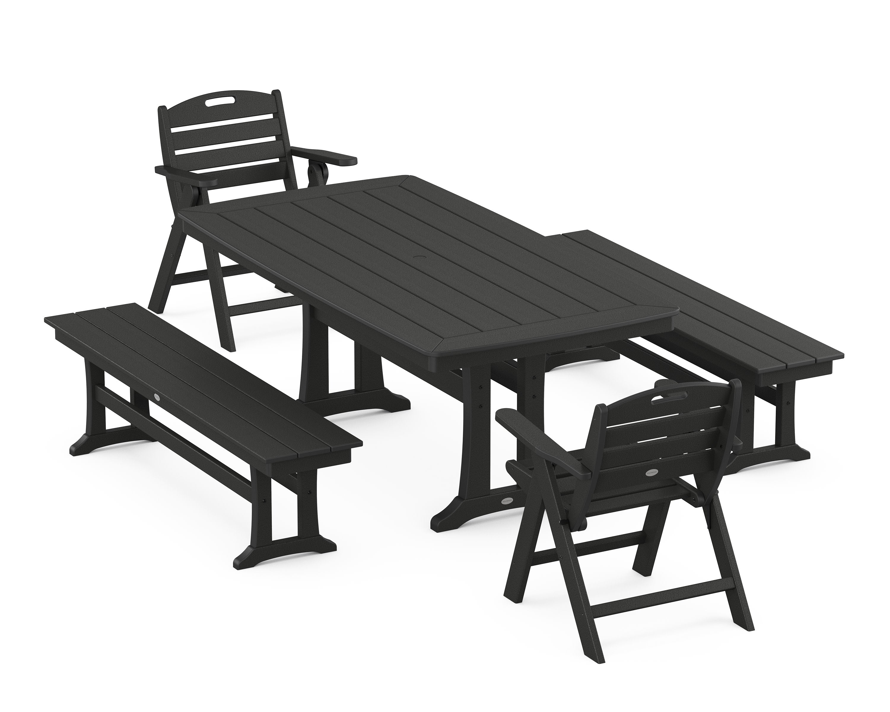 Nautical Folding Lowback Chair 5-Piece Dining Set with Trestle Legs and Benches in Black