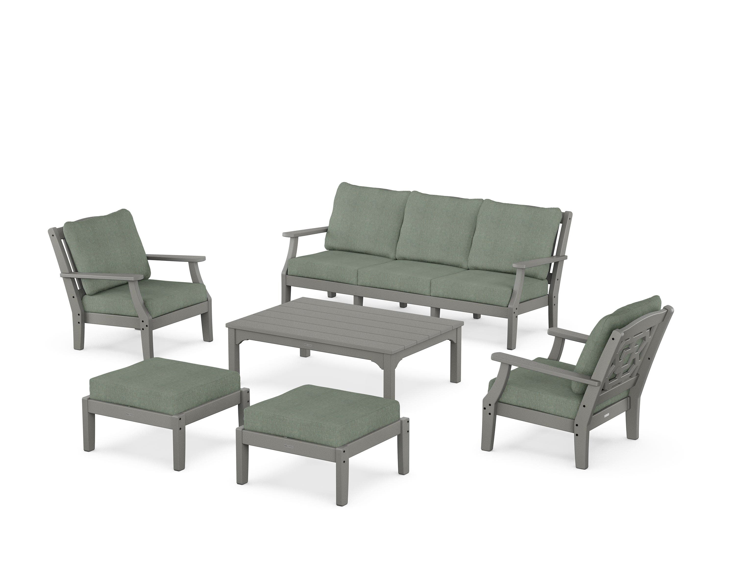 Chinoiserie 6-Piece Lounge Sofa Set in Slate Grey / Cast Sage