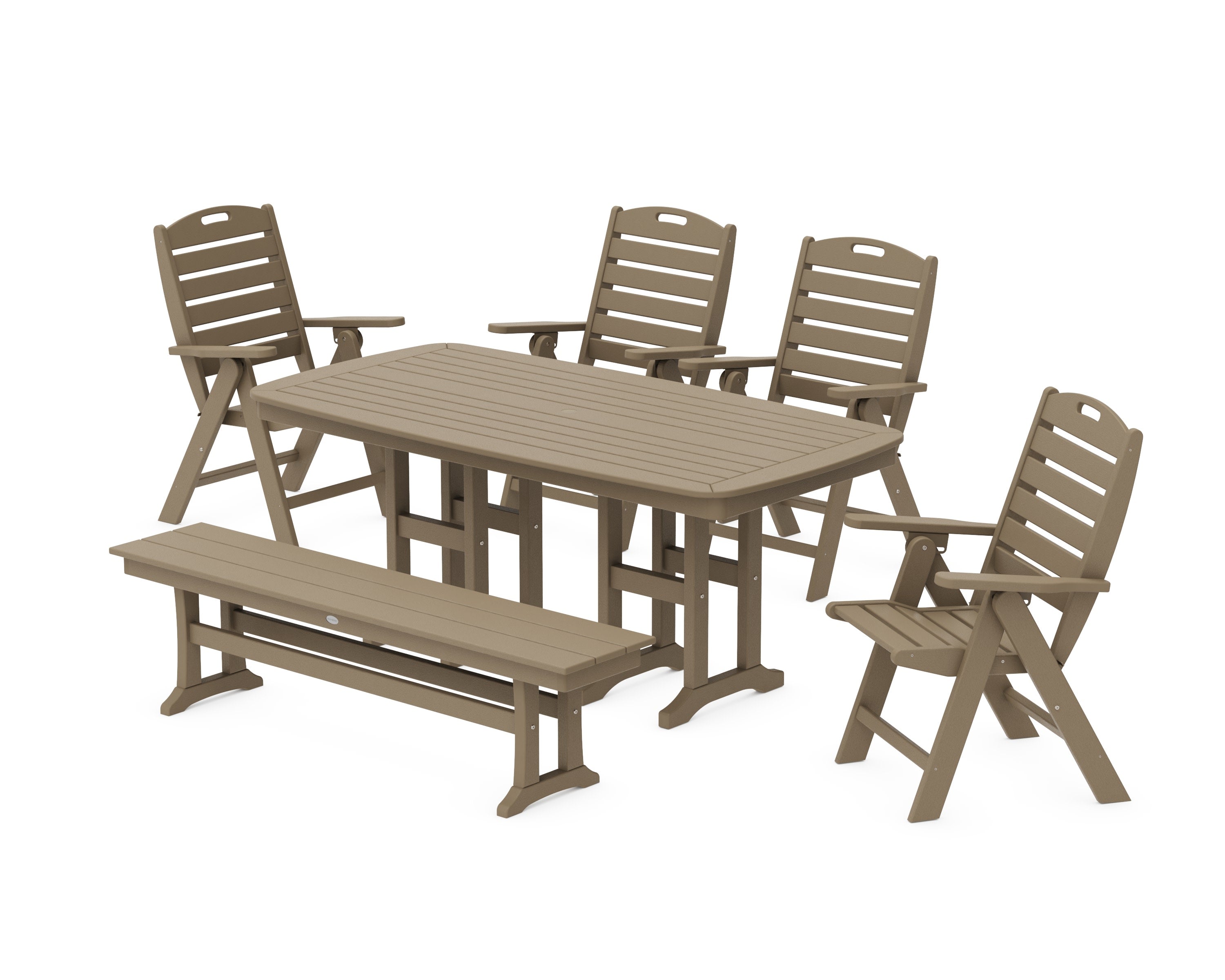 Nautical Highback 6-Piece Dining Set with Bench in Vintage Sahara