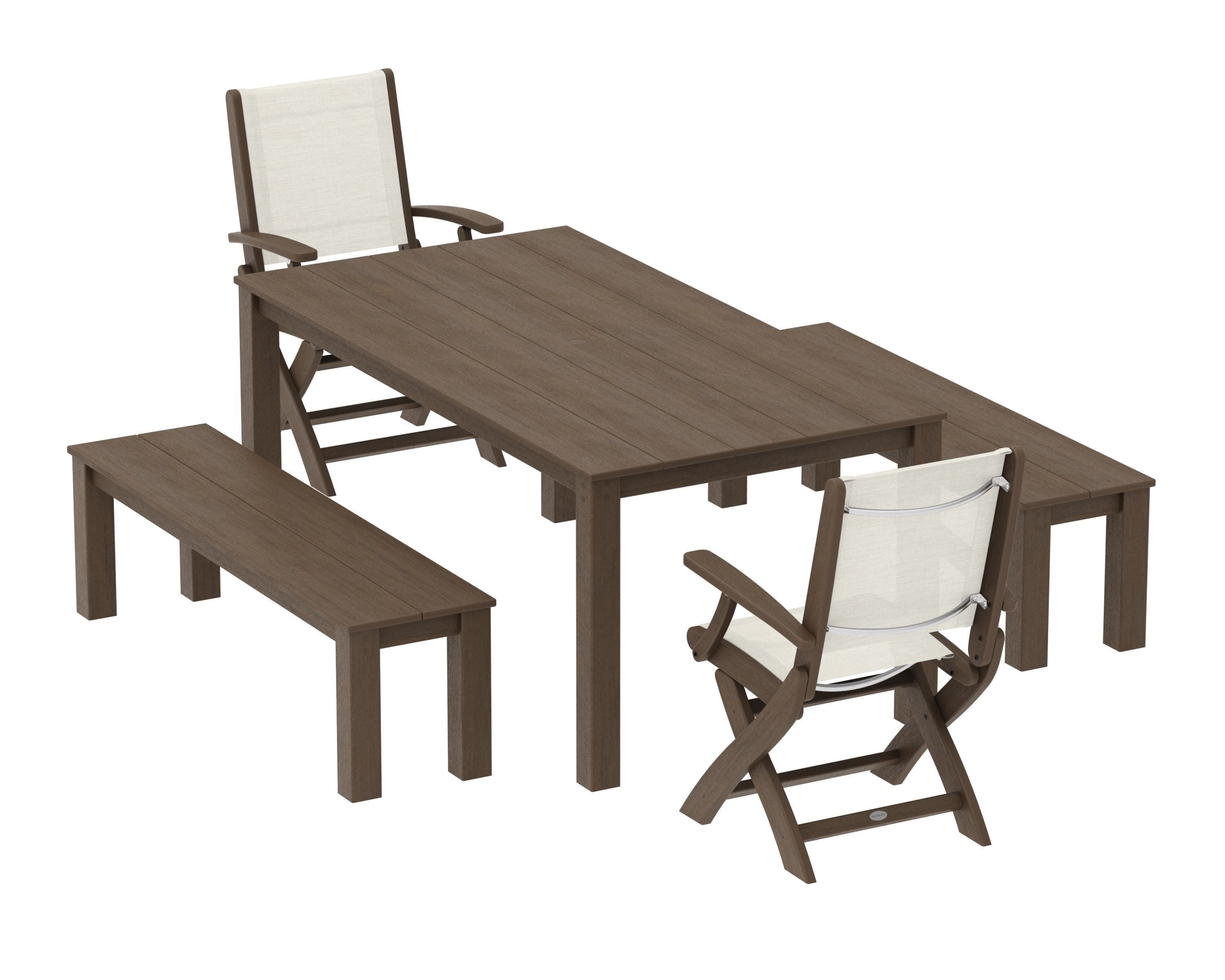 Coastal Folding Chair 5-Piece Parsons Dining Set with Benches in Kona / Parchment Sling