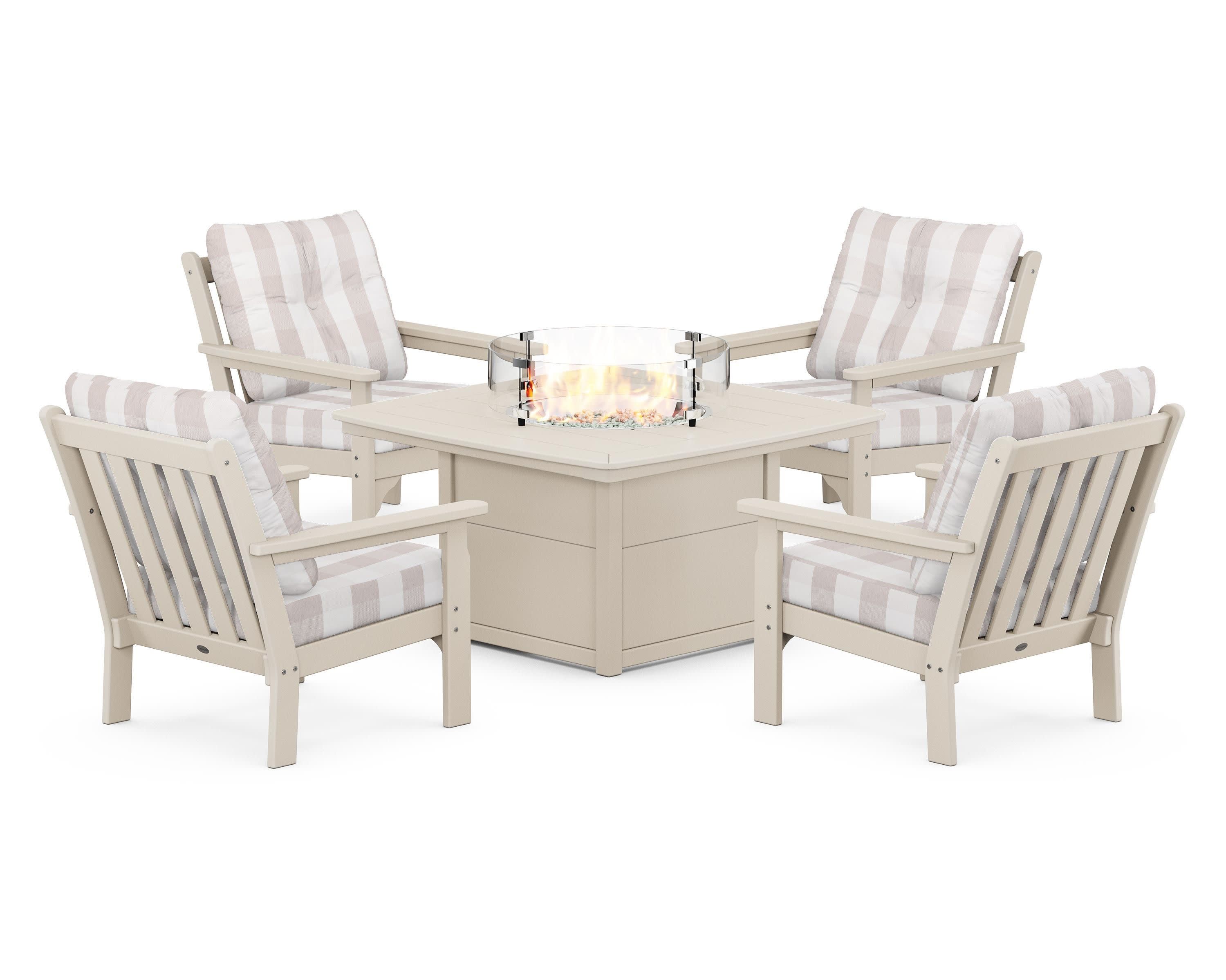 Vineyard 5-Piece Conversation Set with Fire Pit Table in Sand / Buffalo Plaid Dune Burlap