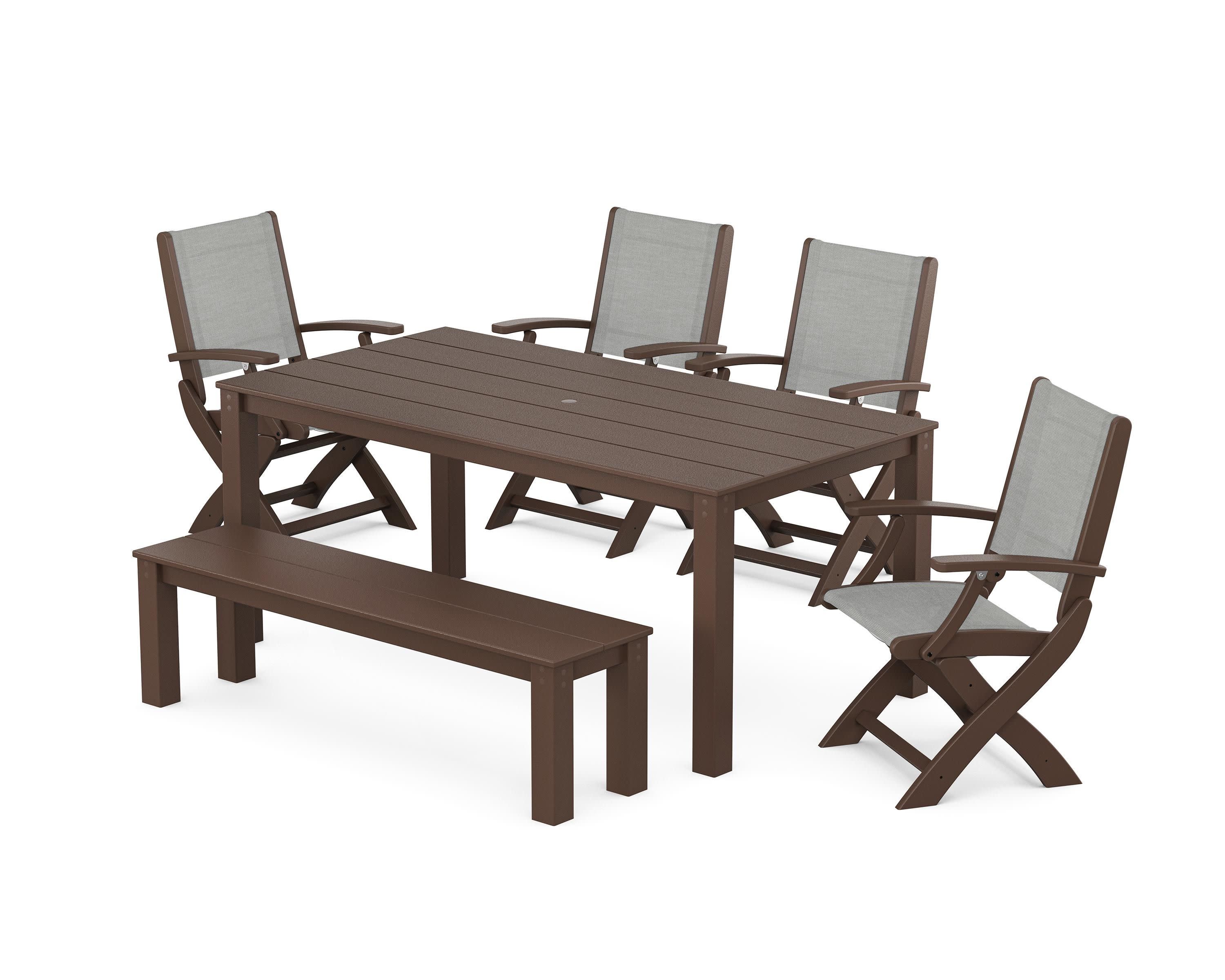 Coastal Folding Chair 6-Piece Parsons Dining Set with Bench in Mahogany / Metallic Sling