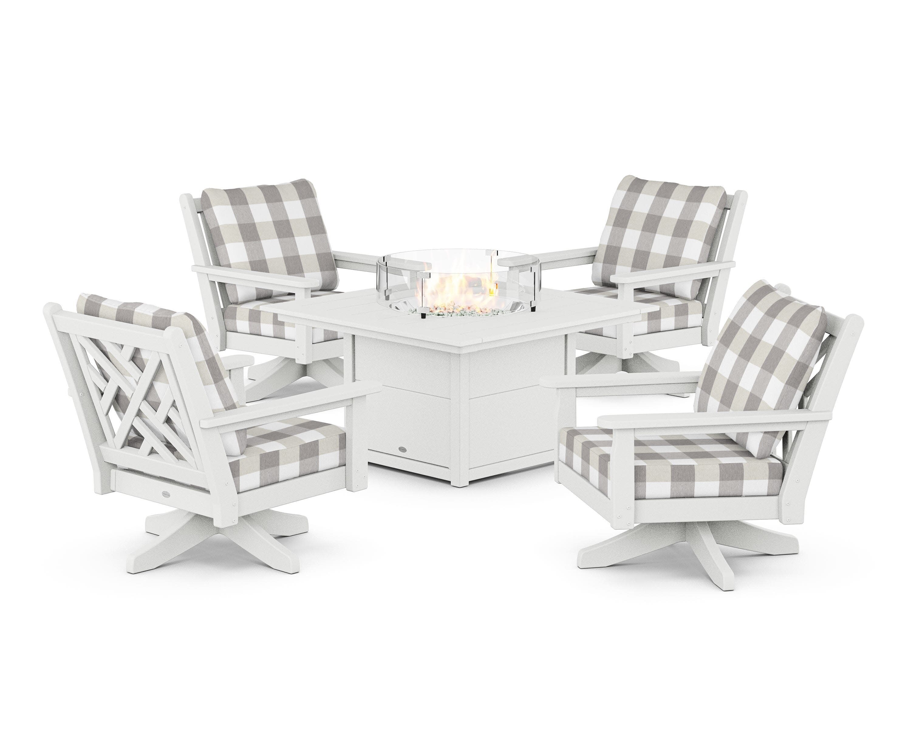 Chippendale 5-Piece Deep Seating Swivel Conversation Set with Fire Pit Table in White / Buffalo Plaid Grey Mist