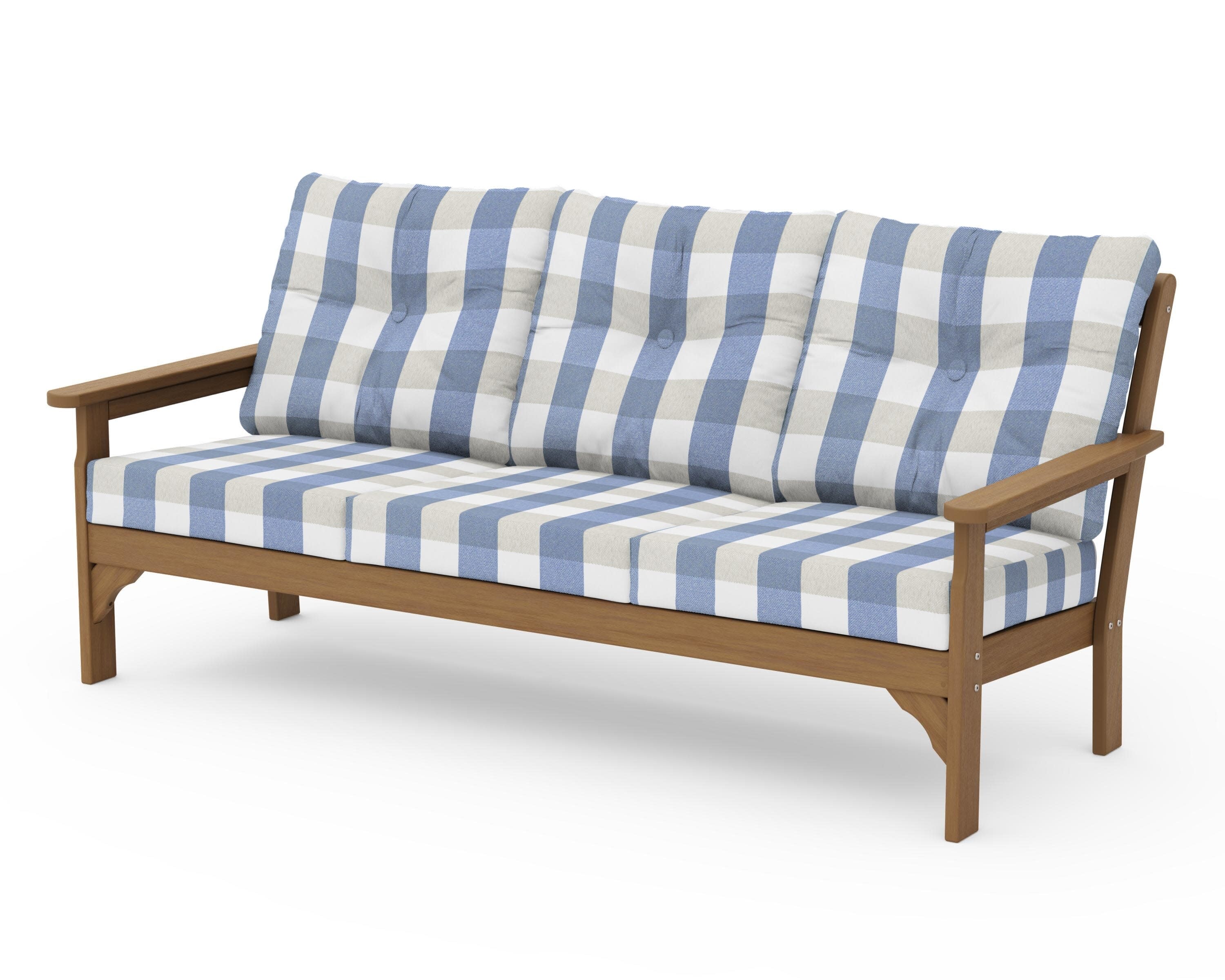 Vineyard Deep Seating Sofa in Natural / Buffalo Plaid Sky Blue