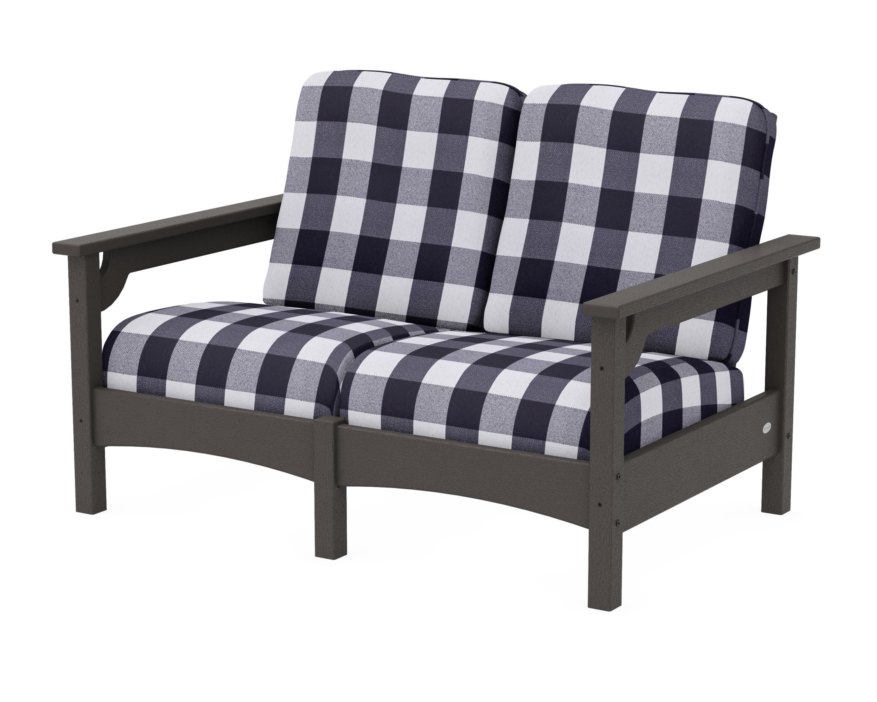 Club Loveseat in Vintage Coffee / Buffalo Plaid Navy