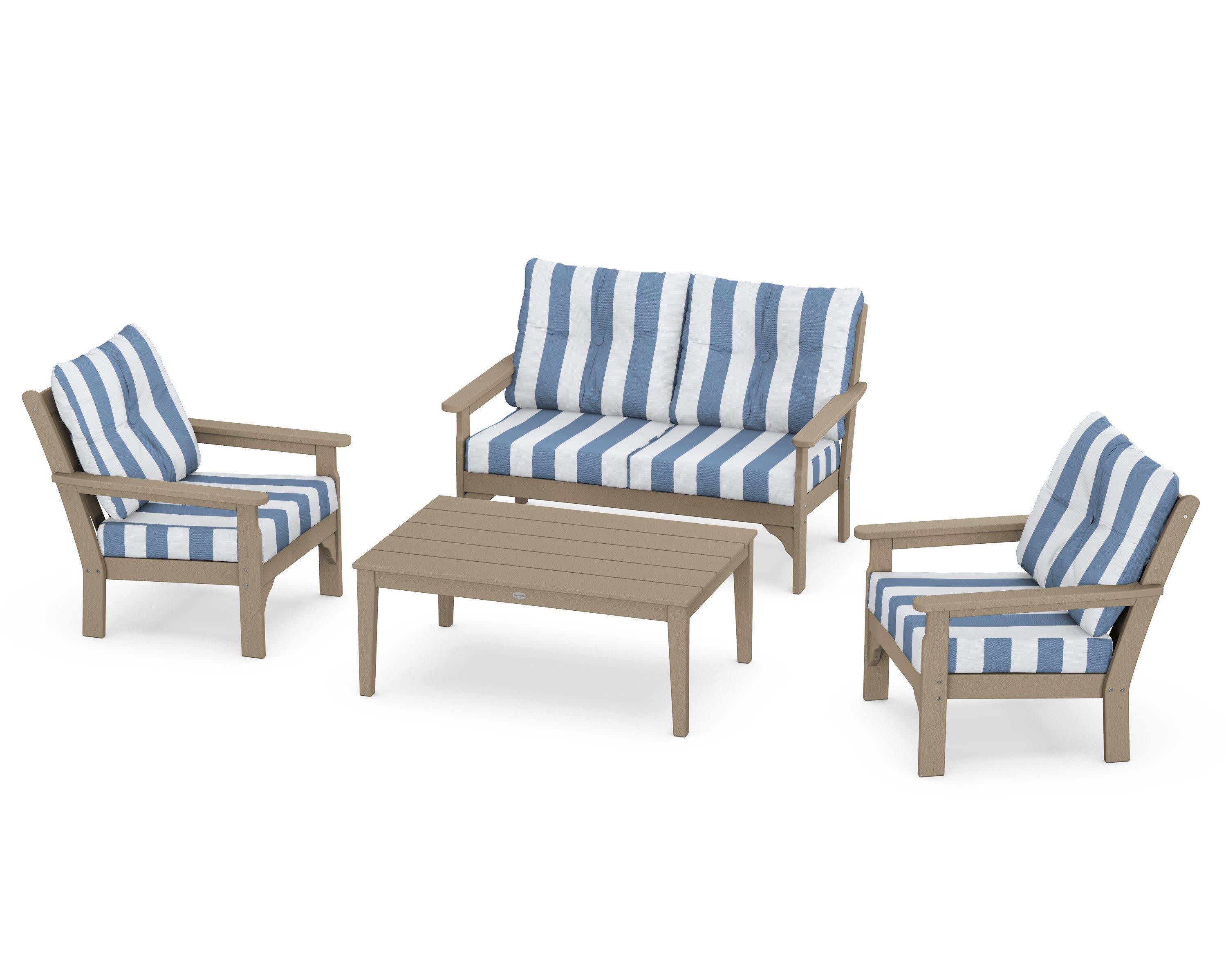 Vineyard 4-Piece Deep Seating Set in Vintage Sahara / Cabana Stripe Sky Blue