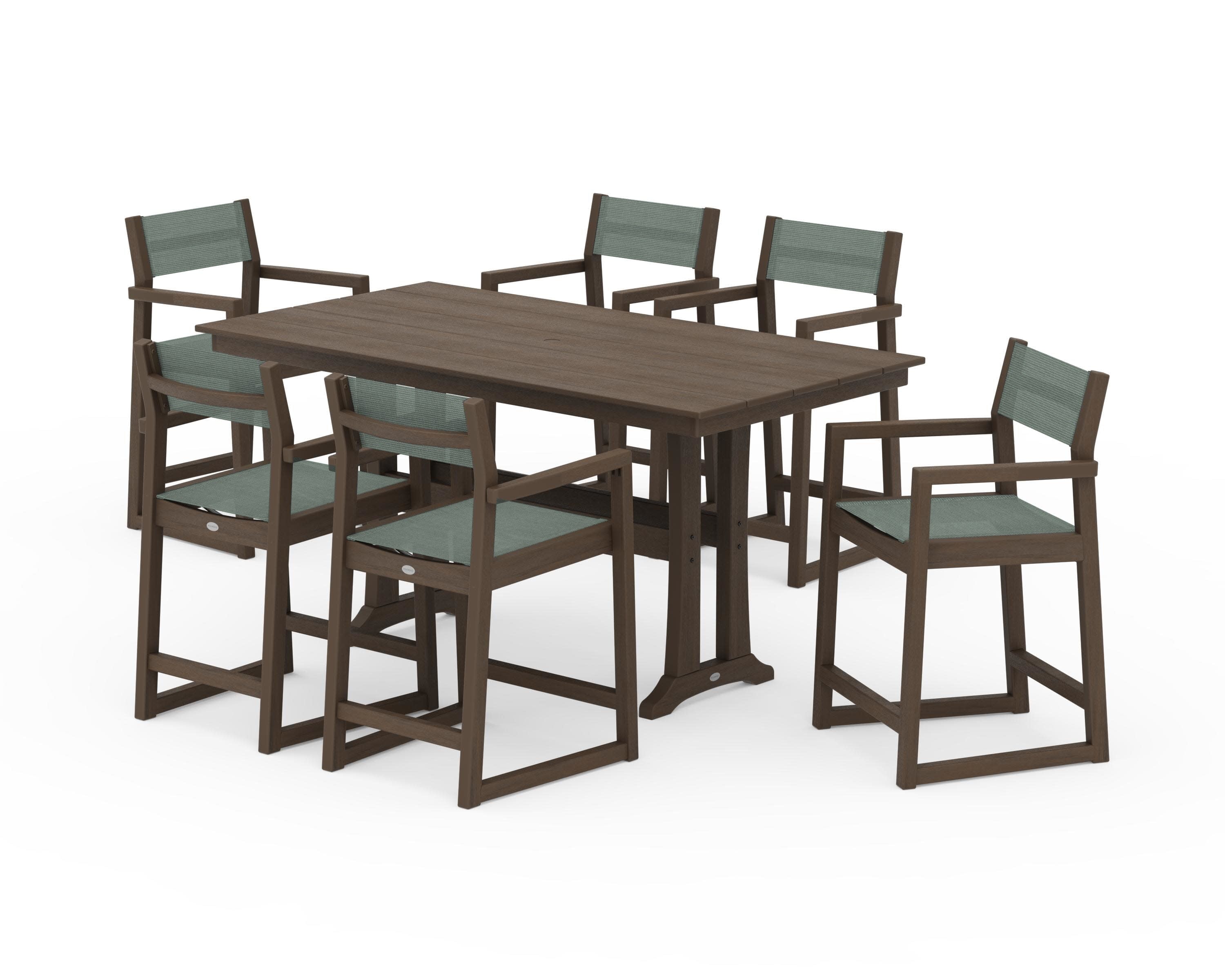 EDGE Sling Arm Chair 7-Piece Farmhouse Counter Set with Trestle Legs in Kona / Dupioni Sea Mist Sling