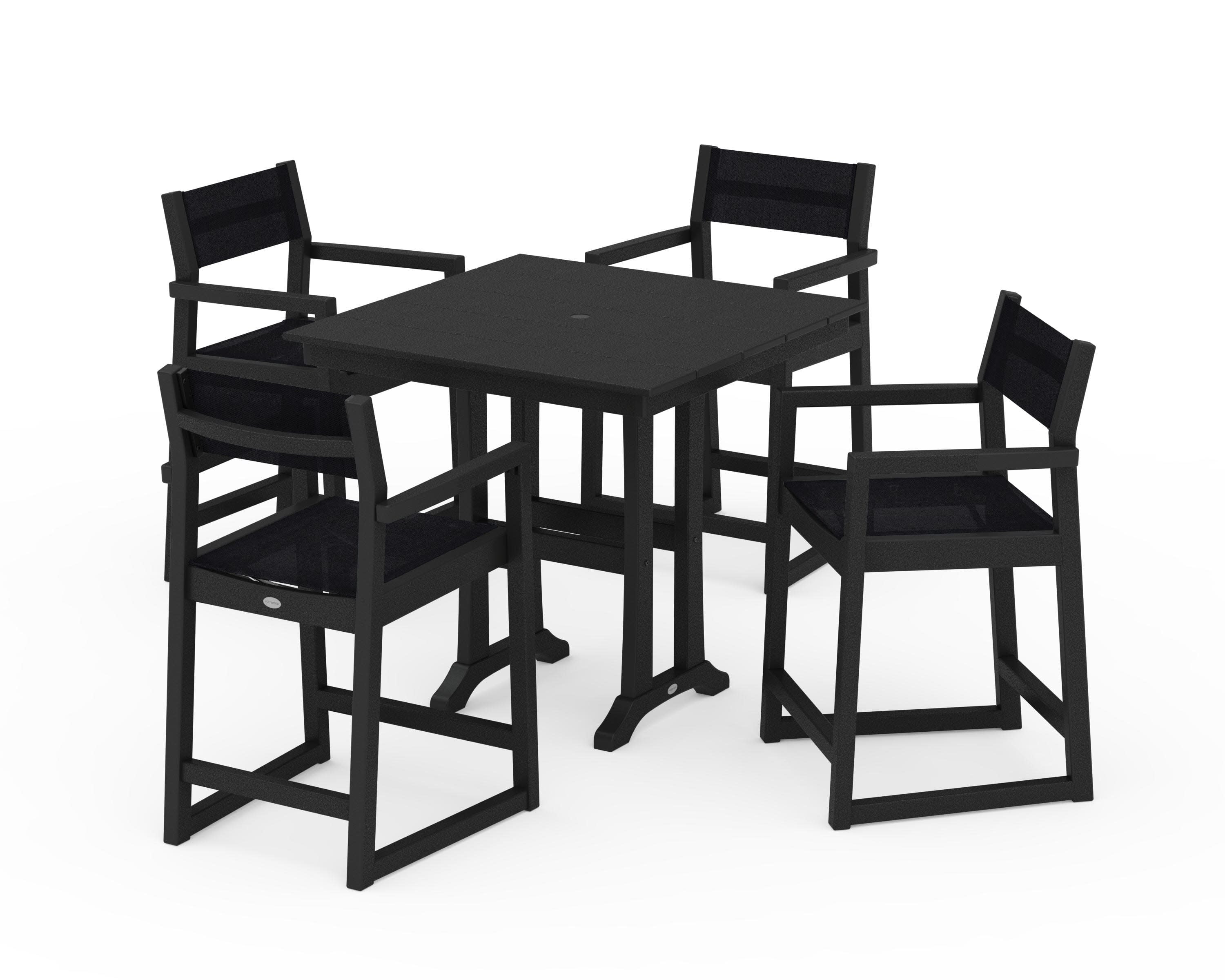 EDGE Sling Arm Chair 5-Piece Farmhouse Counter Set with Trestle Legs in Black / Black Sling