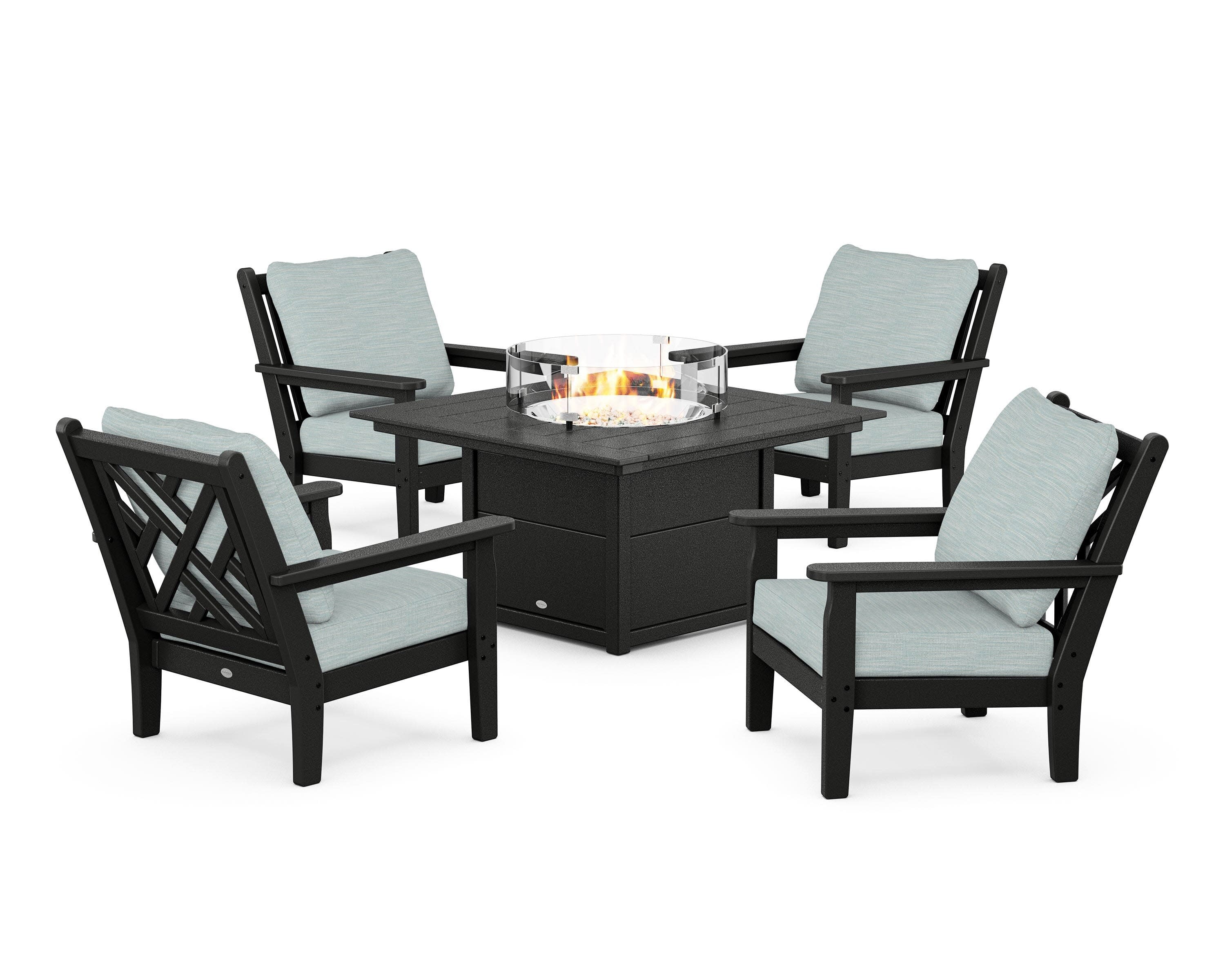 Chippendale 5-Piece Deep Seating Set with Fire Pit Table in Black / Soothe Mist