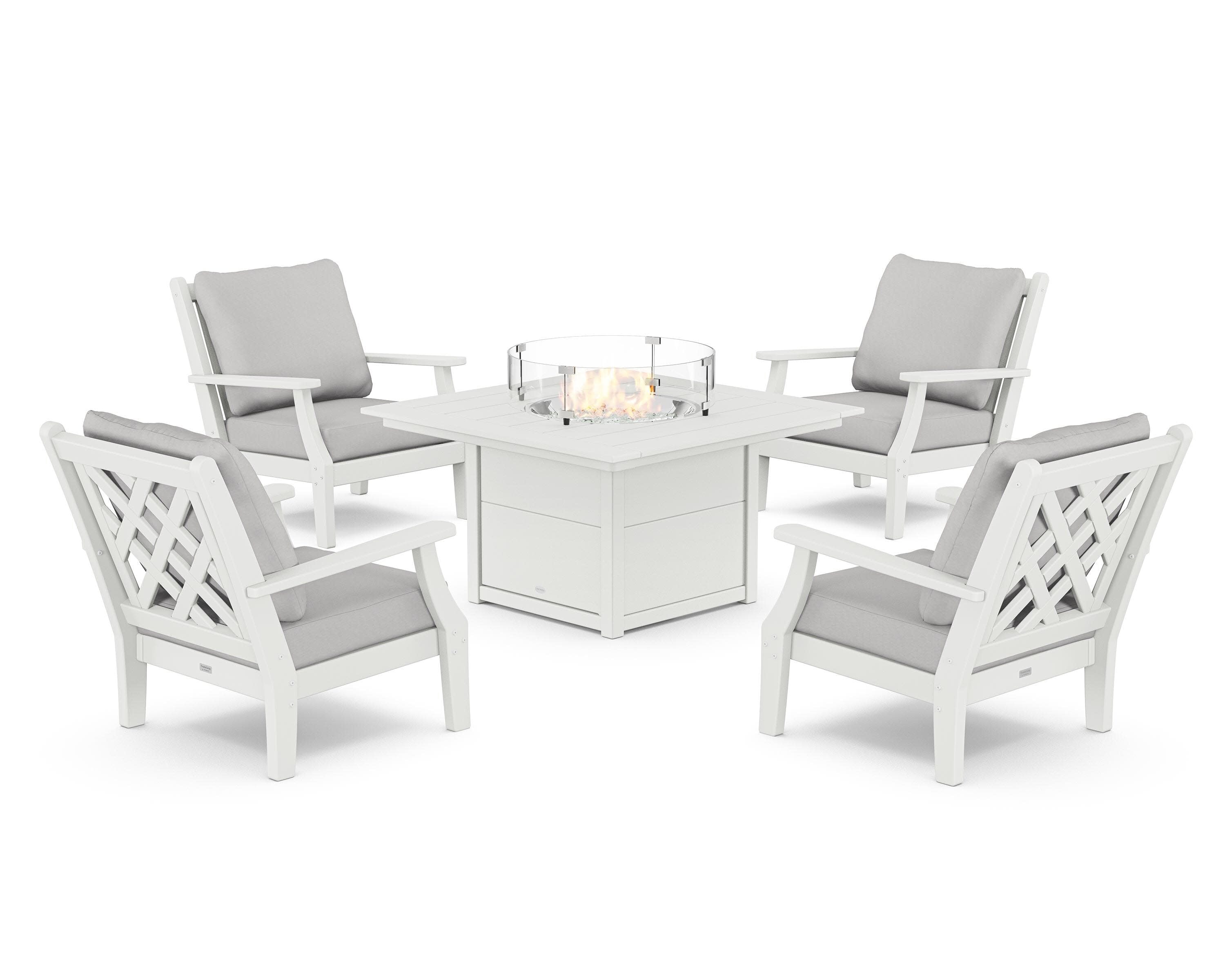 Wovendale 5-Piece Deep Seating Set with Fire Pit Table in White / Diamond in the Rough