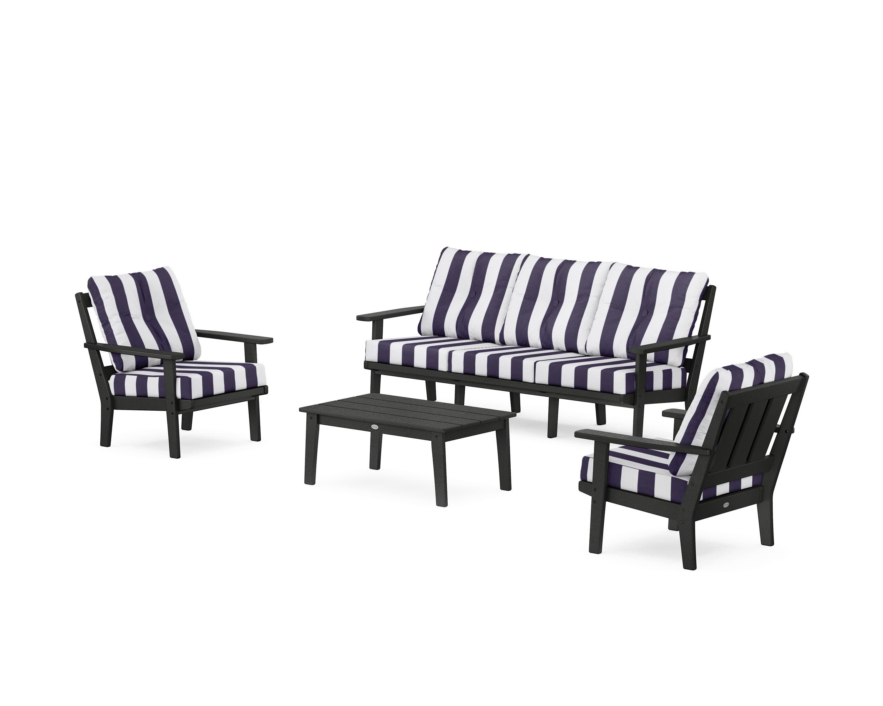 Oxford 4-Piece Deep Seating Set with Sofa in Black / Cabana Stripe Navy