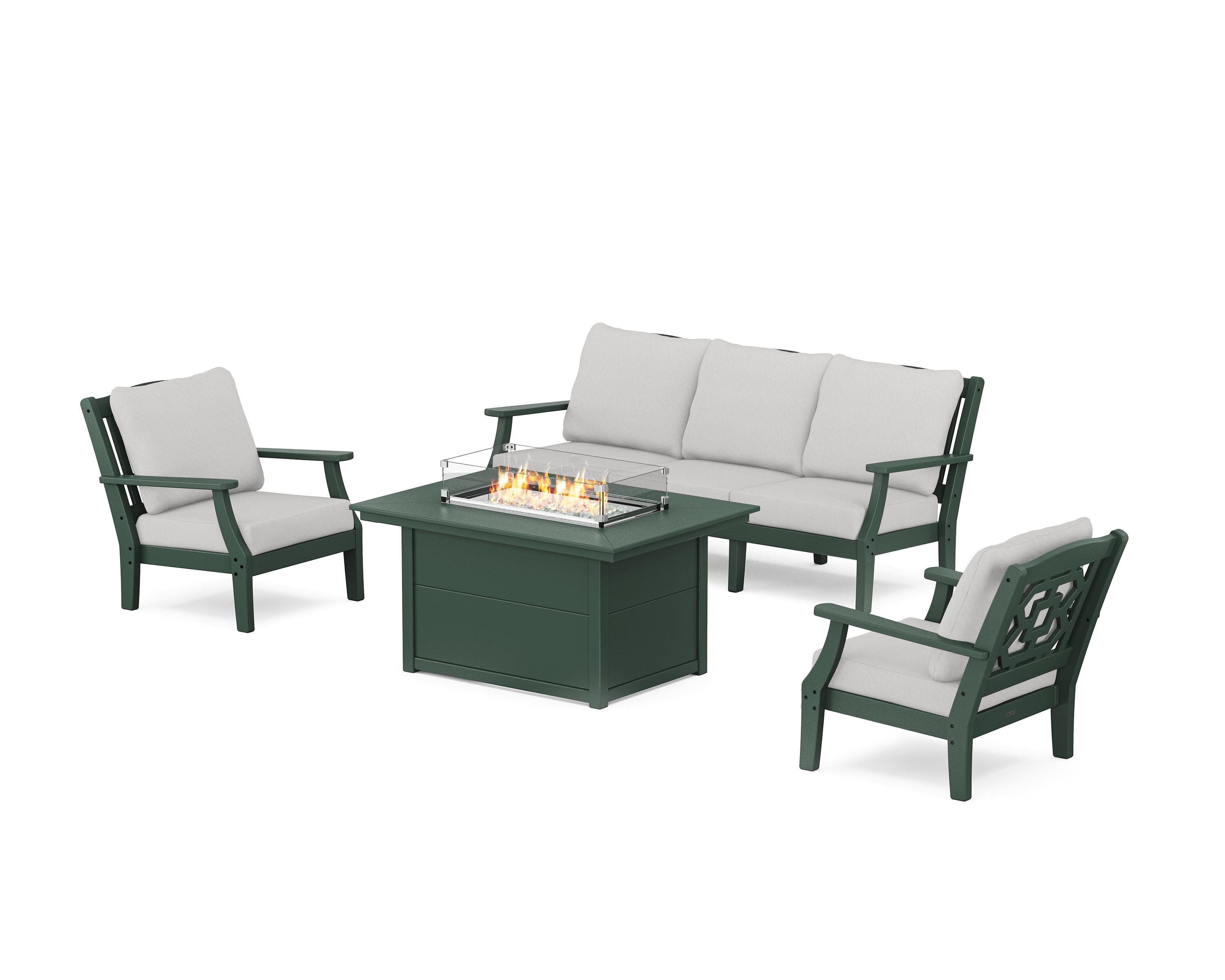 Chinoiserie Deep Seating Fire Pit Table Set in Green / Diamond in the Rough