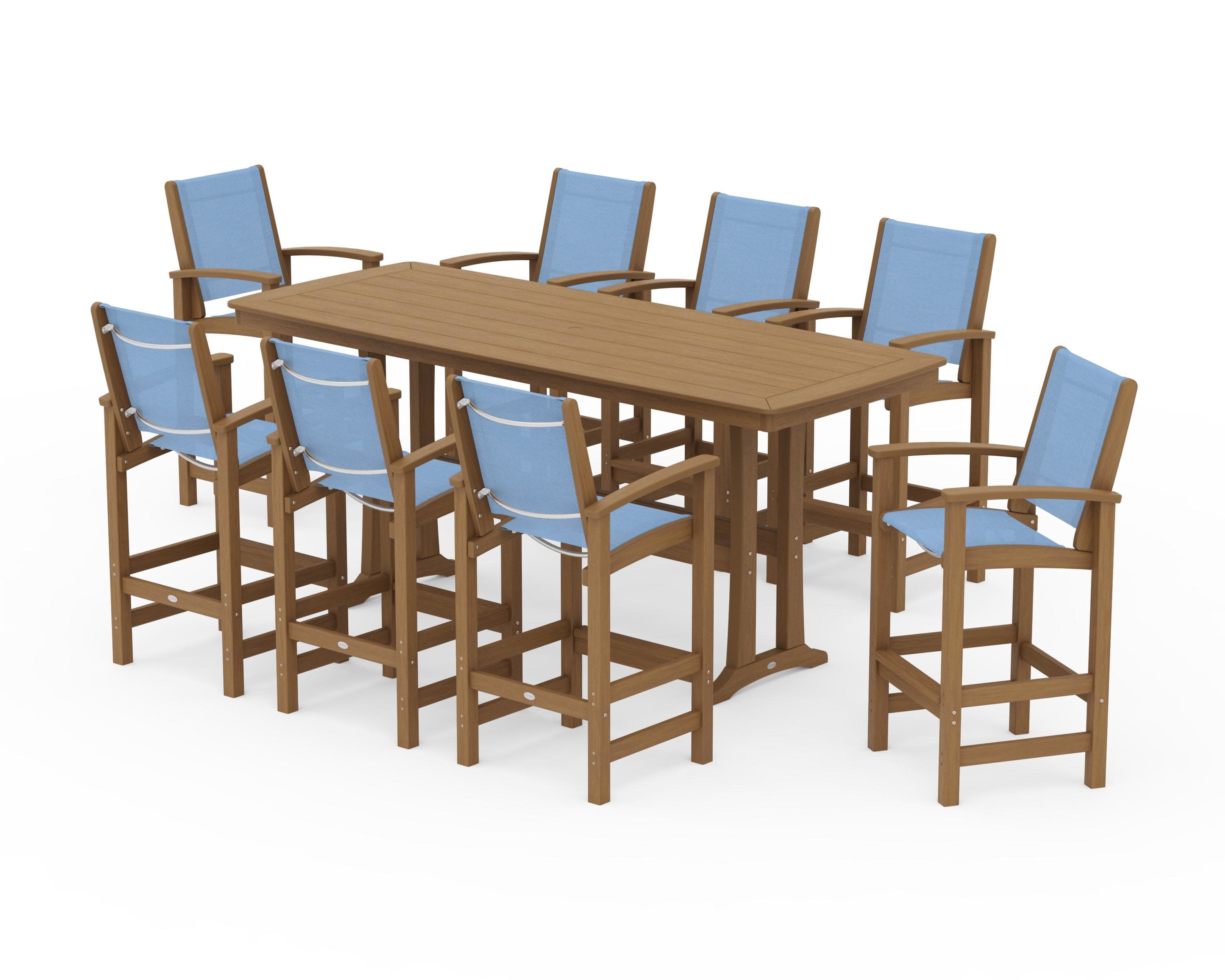Coastal 9-Piece Bar Set with Trestle Legs in Natural / Poolside Sling