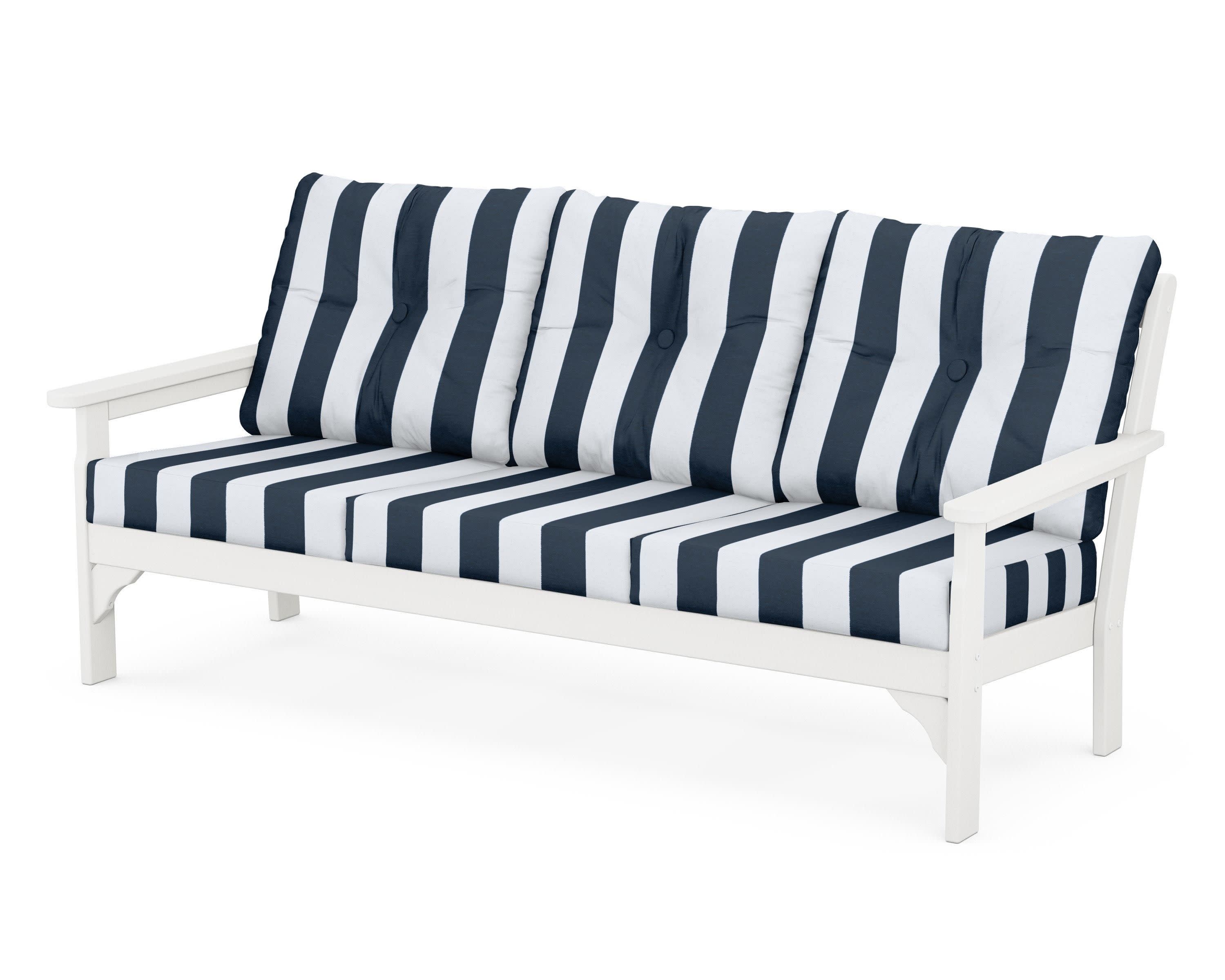 Vineyard Deep Seating Sofa in Vintage White / Cabana Stripe Marine Indigo