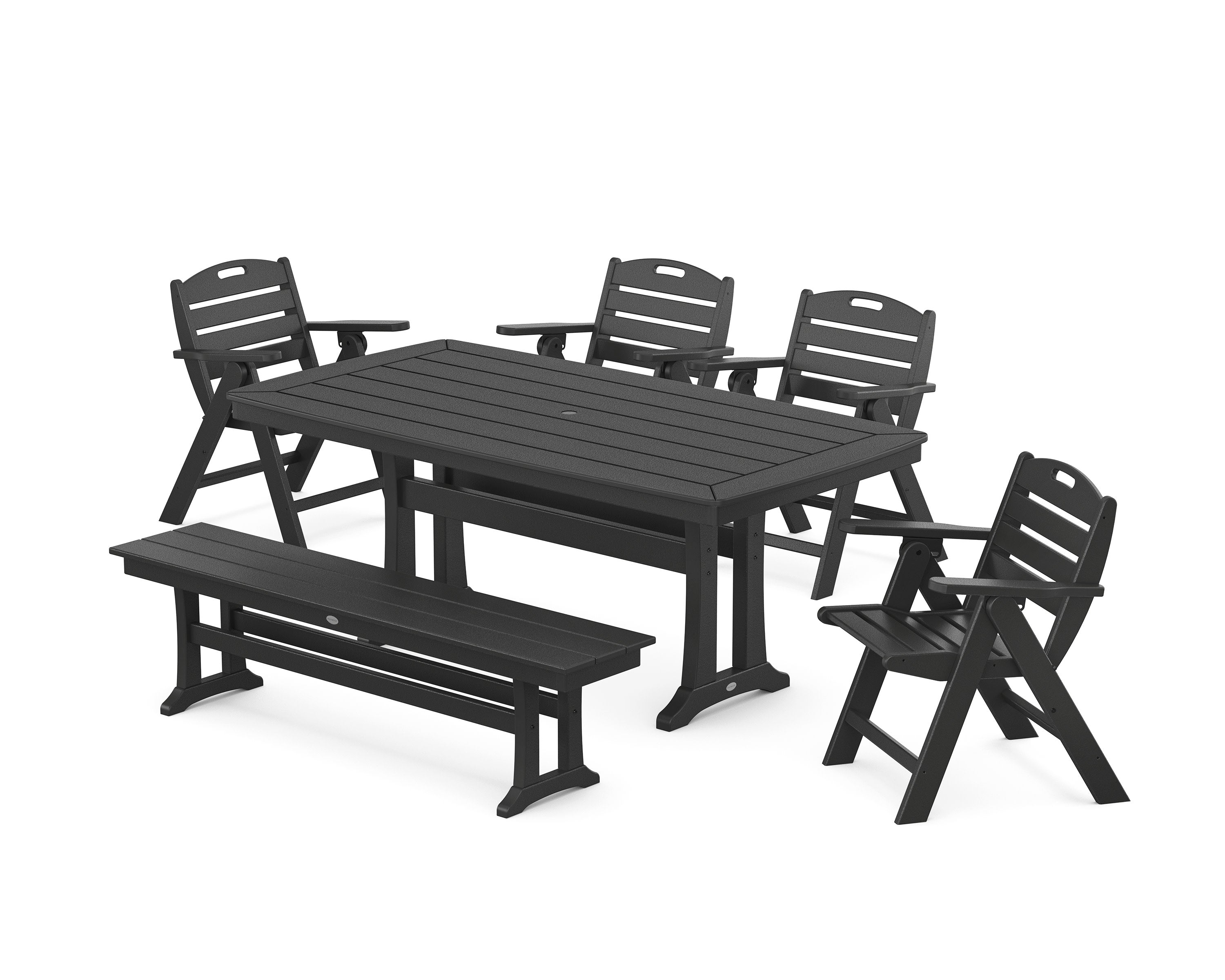 Nautical Lowback 6-Piece Dining Set with Trestle Legs and Bench in Black