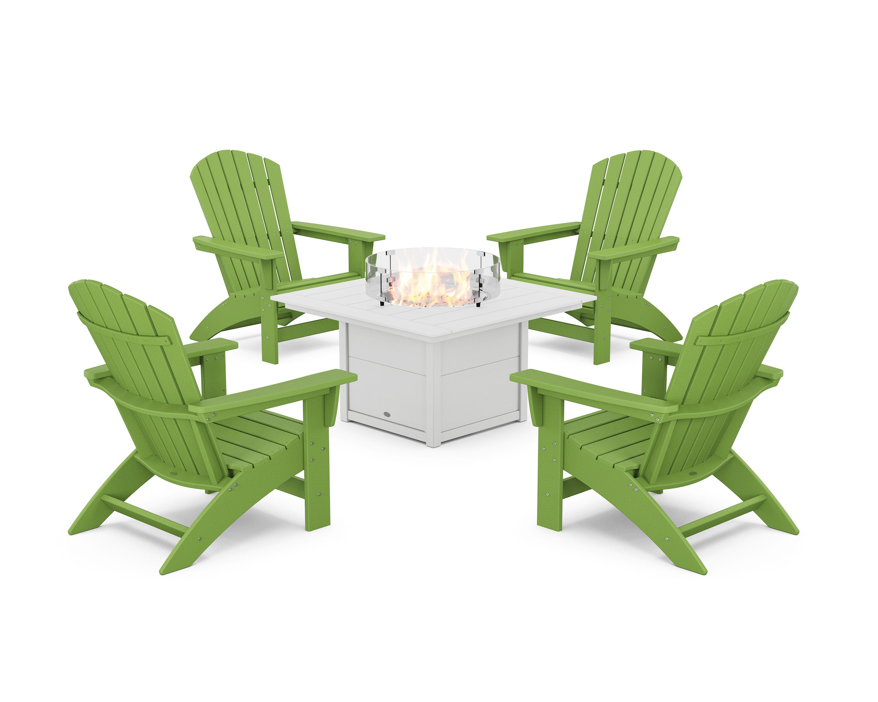 5-Piece Nautical Grand Adirondack Conversation Set with Fire Pit Table in Lime / White