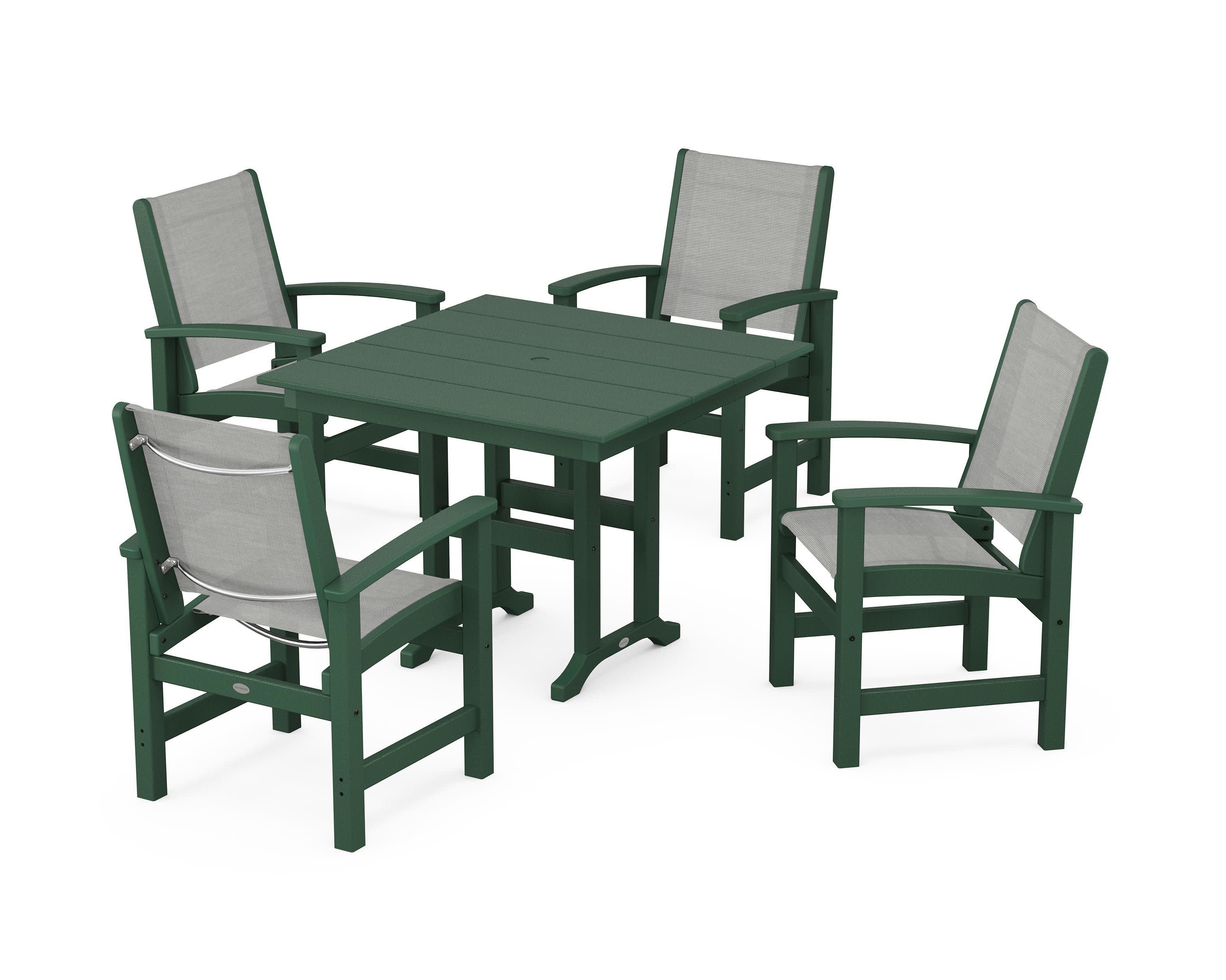 Coastal 5-Piece Farmhouse Dining Set in Green / Metallic Sling