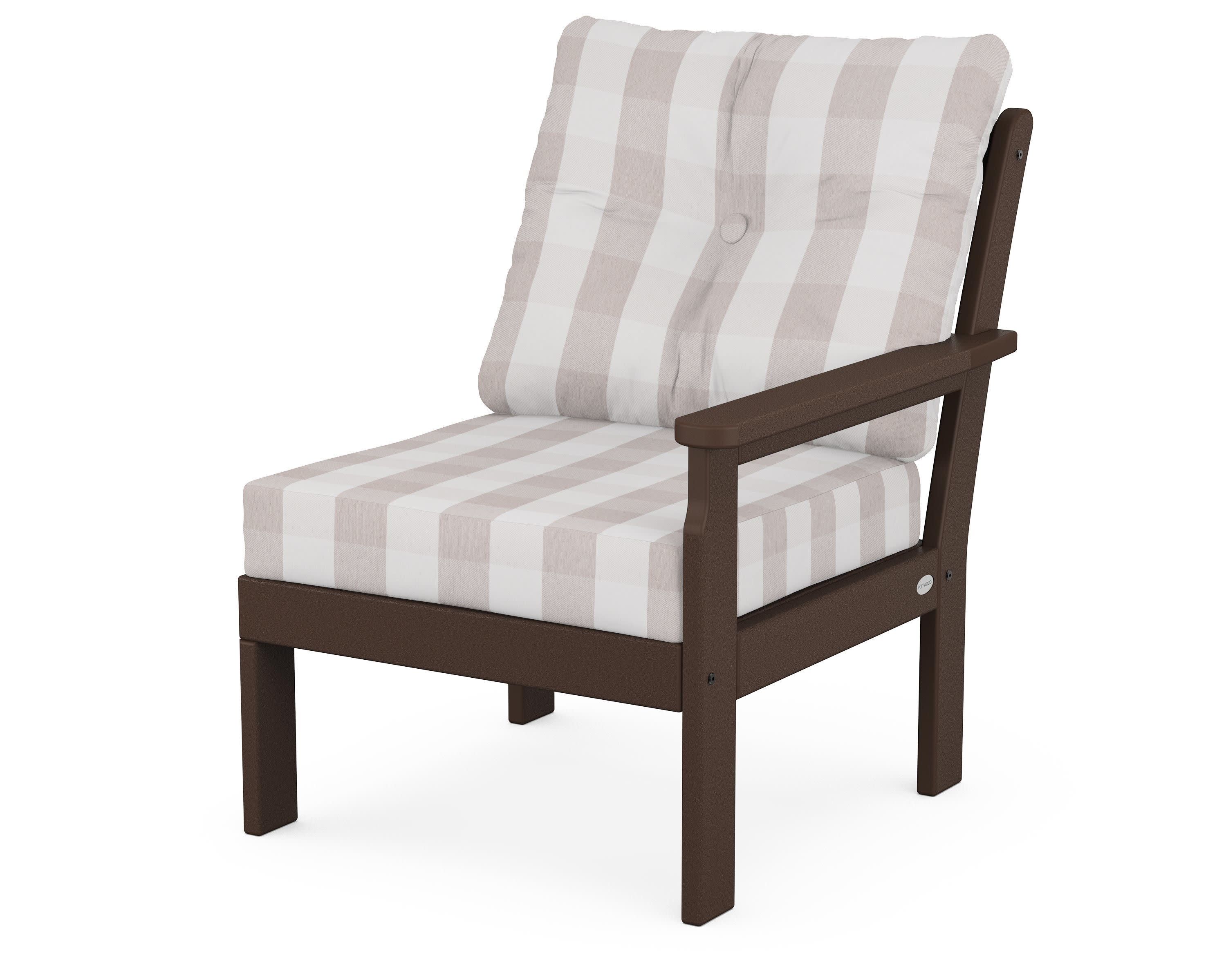 Vineyard Modular Right Arm Chair in Mahogany / Buffalo Plaid Dune Burlap