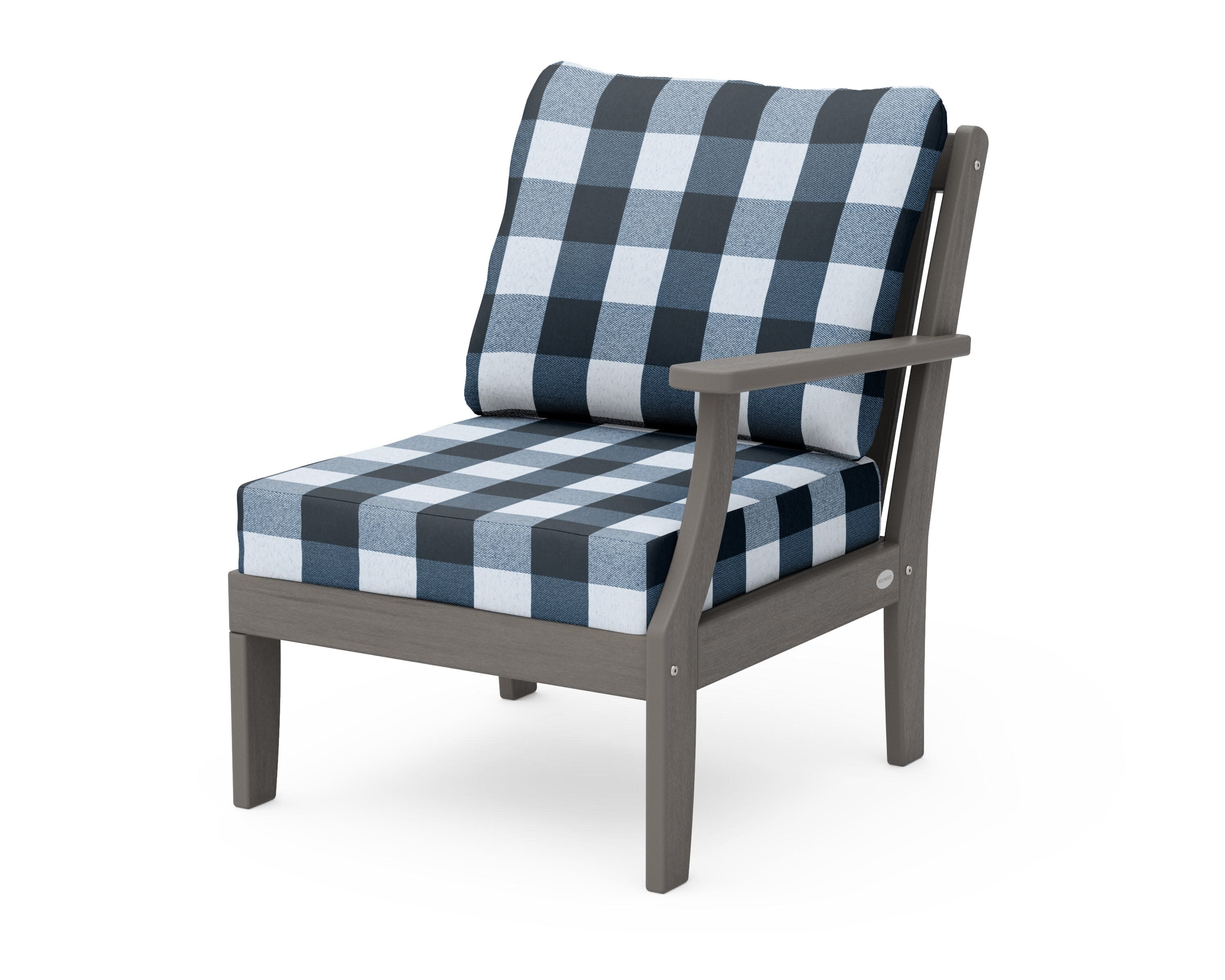 Braxton Modular Right Arm Chair in Driftwood / Buffalo Plaid Marine Indigo