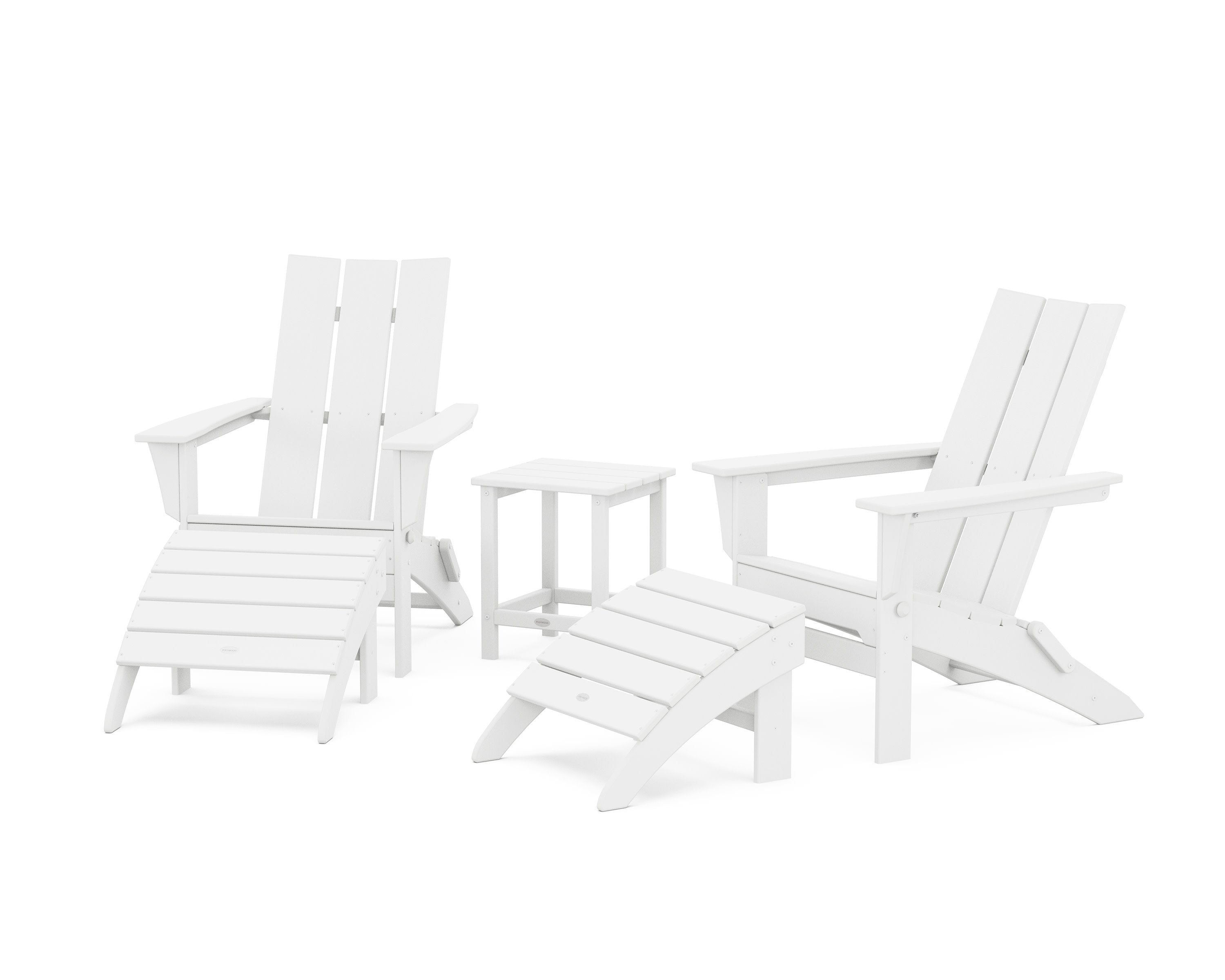 Modern Folding Adirondack Chair 5-Piece Set with Ottomans and 18" Side Table in White