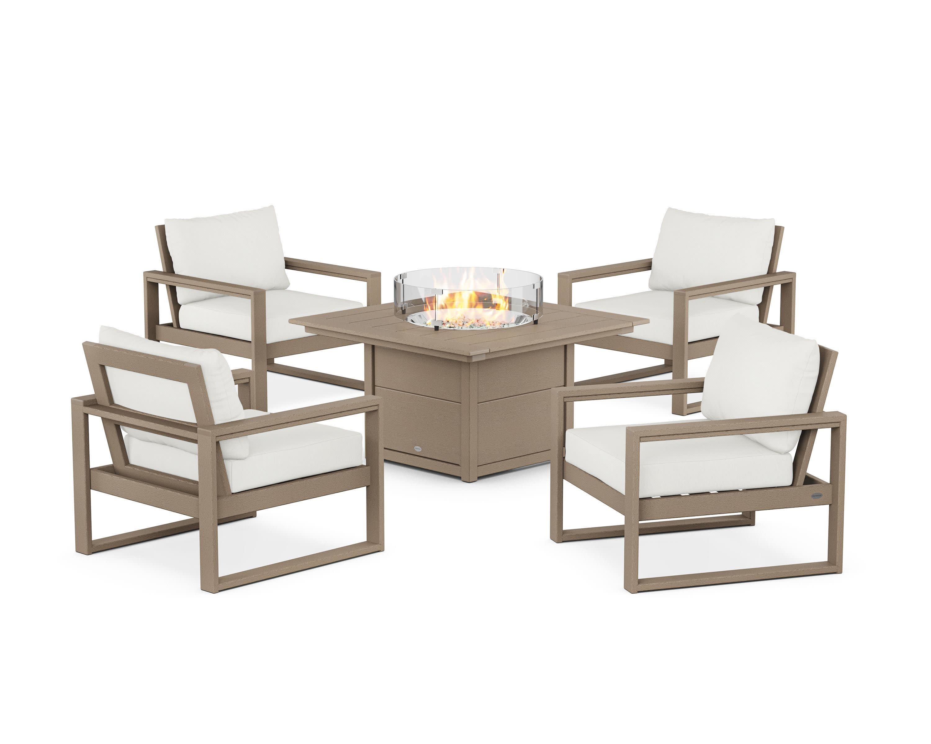 EDGE Sectional 5-Piece Deep Seating Set with Fire Pit Table in Vintage Sahara / Natural Linen