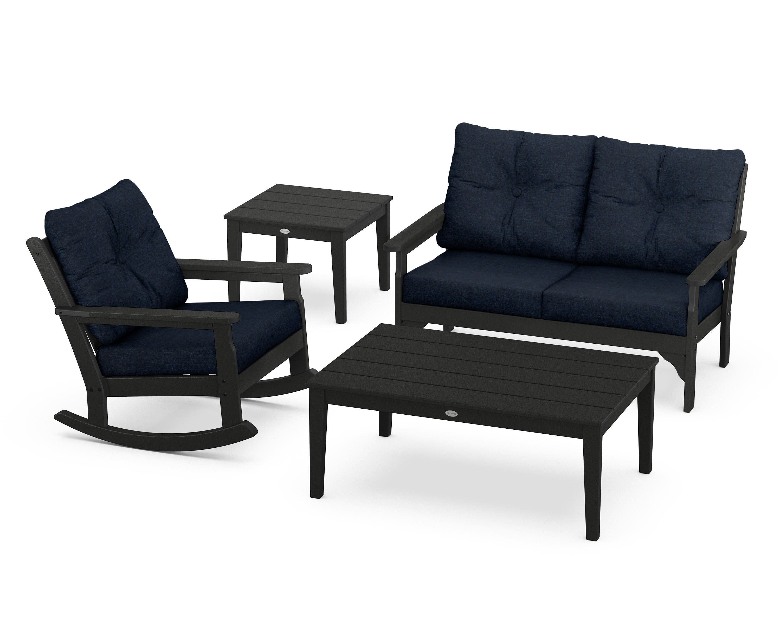 Vineyard 4-Piece Deep Seating Rocker Set in Black / Marine Indigo