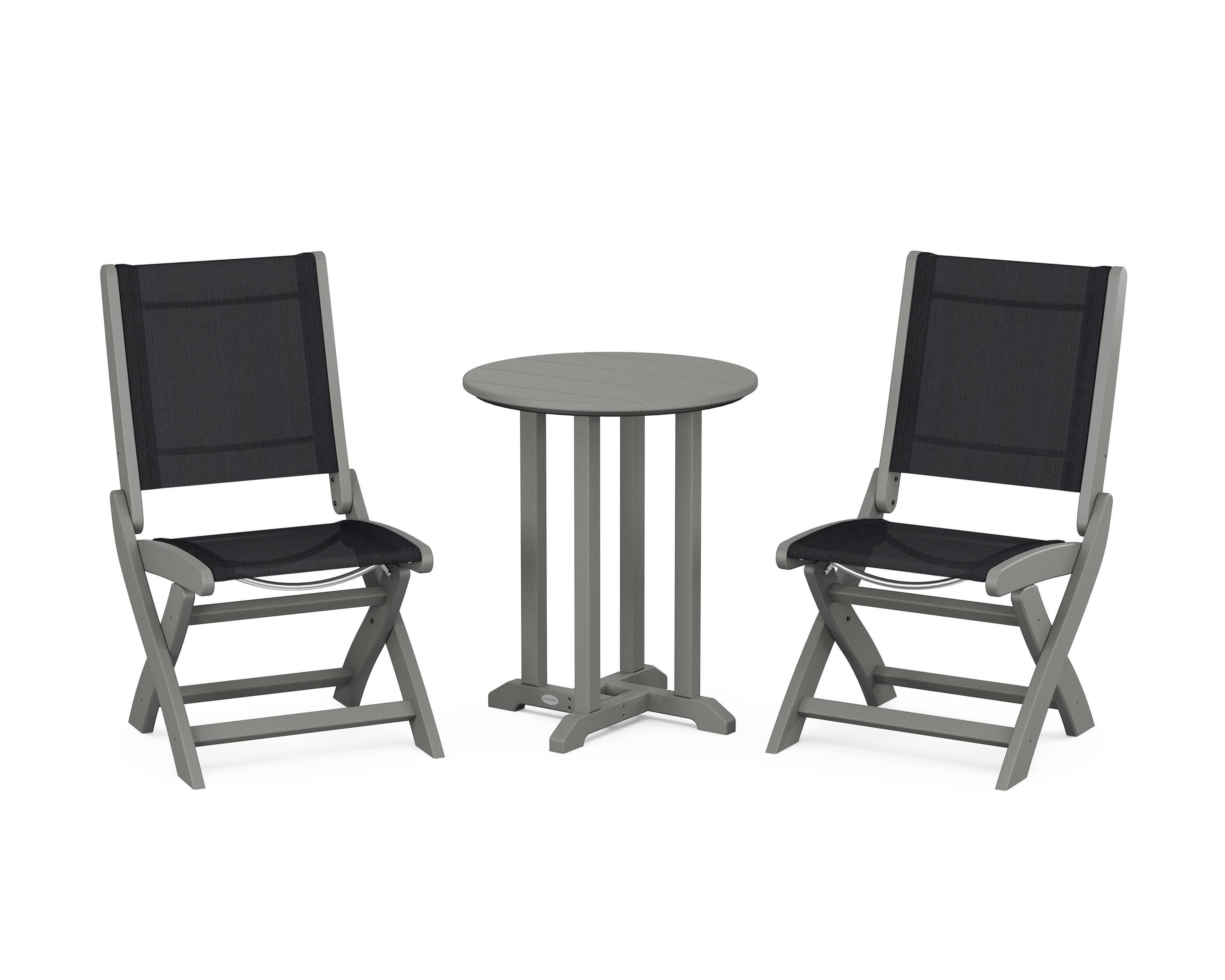 Coastal Folding Side Chair 3-Piece Round Bistro Dining Set in Slate Grey / Black Sling