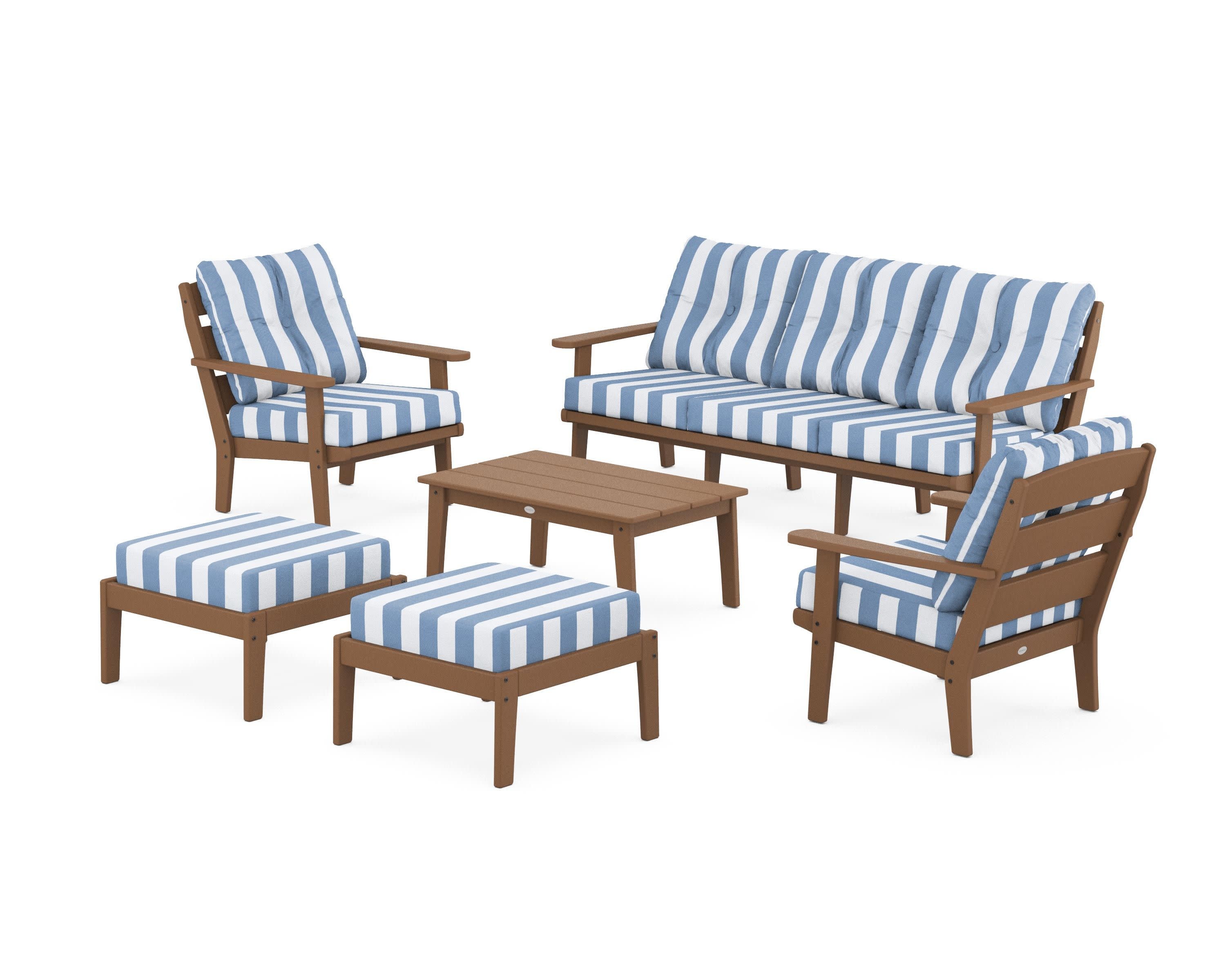 Lakeside 6-Piece Lounge Sofa Set in Teak / Cabana Stripe Sky Blue