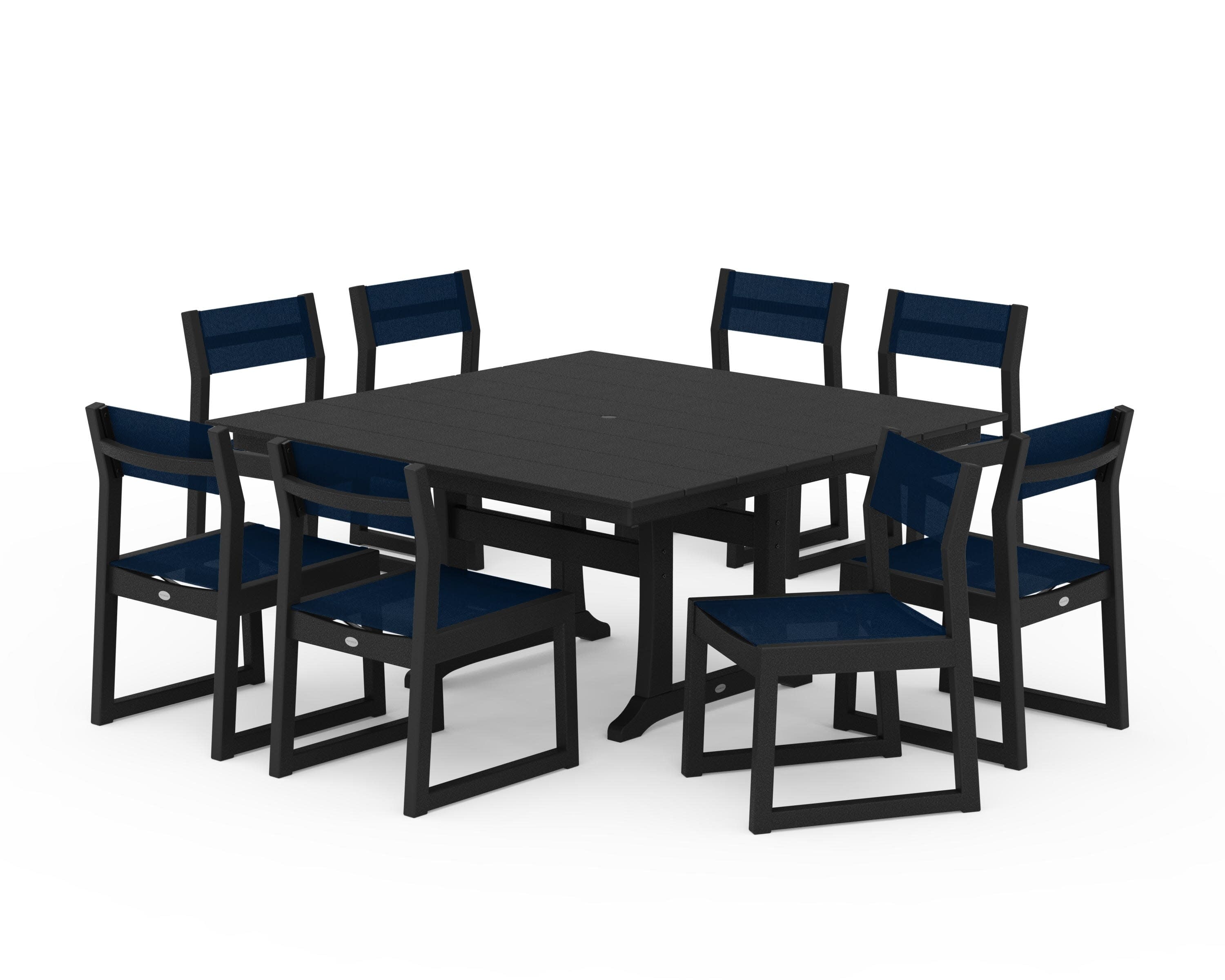 EDGE Sling Side Chair 9-Piece Farmhouse Trestle Dining Set in Black / Navy Blue Sling