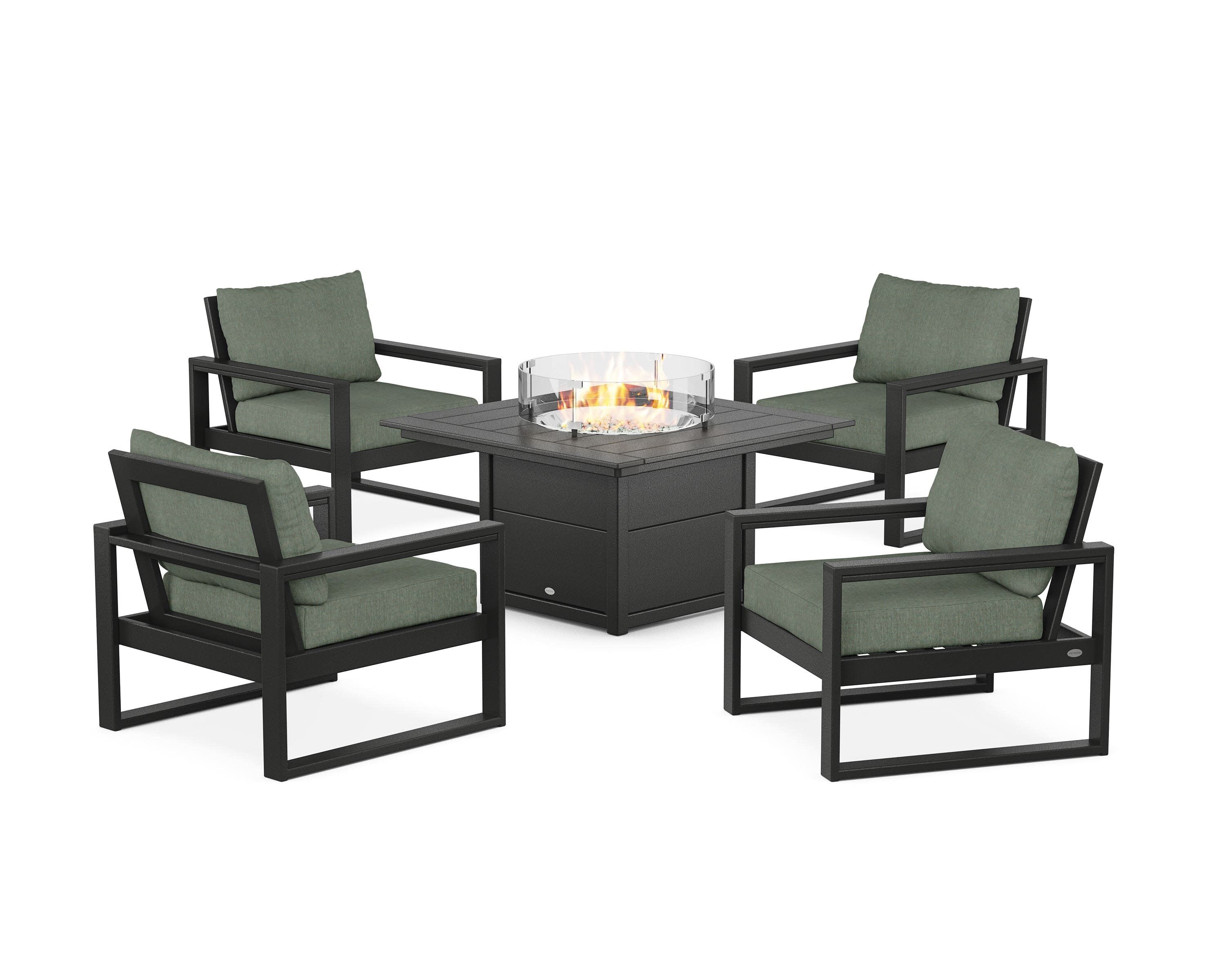 EDGE Sectional 5-Piece Deep Seating Set with Fire Pit Table in Black / Cast Sage
