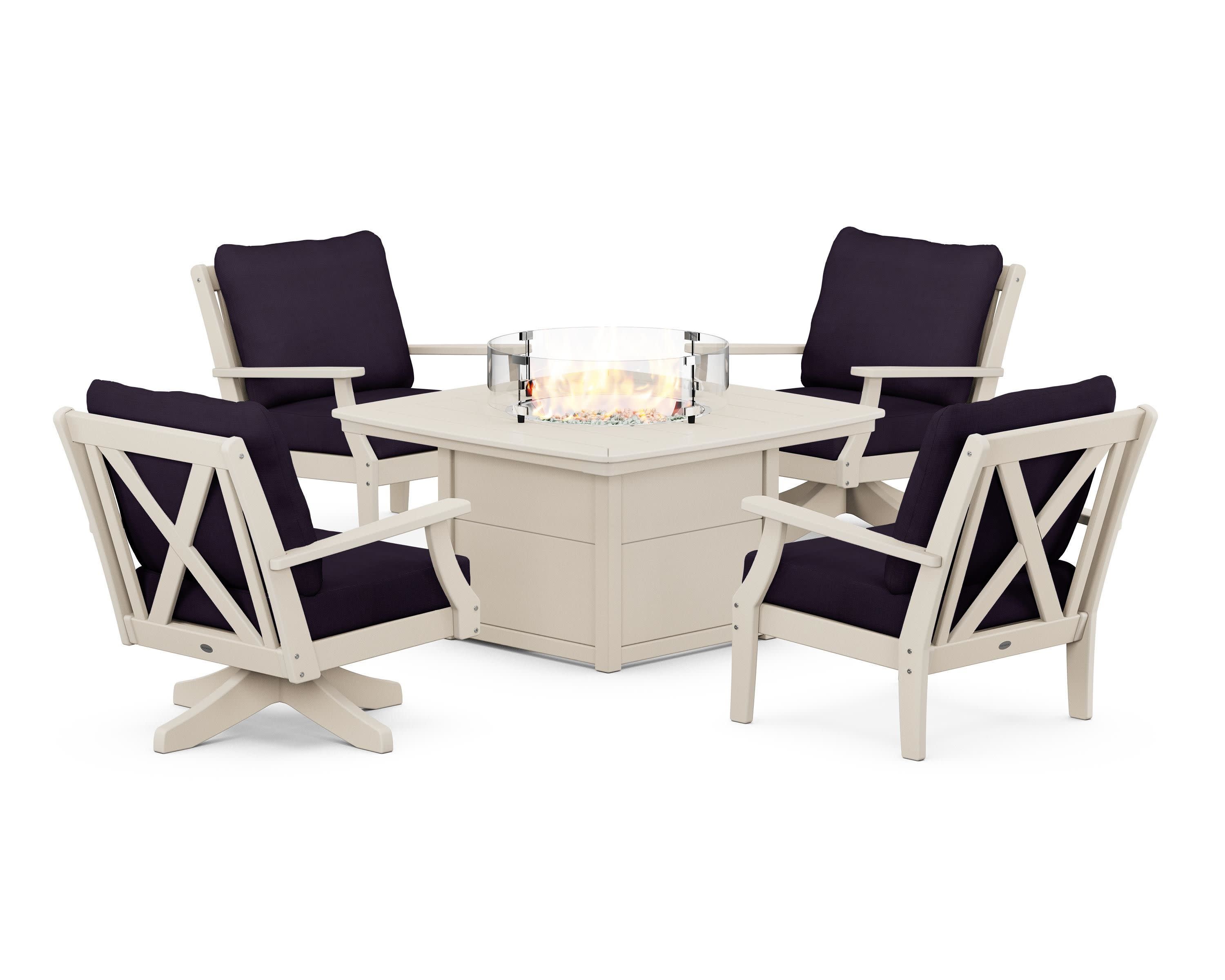 Braxton 5-Piece Deep Seating Set with Fire Table in Sand / Navy Linen