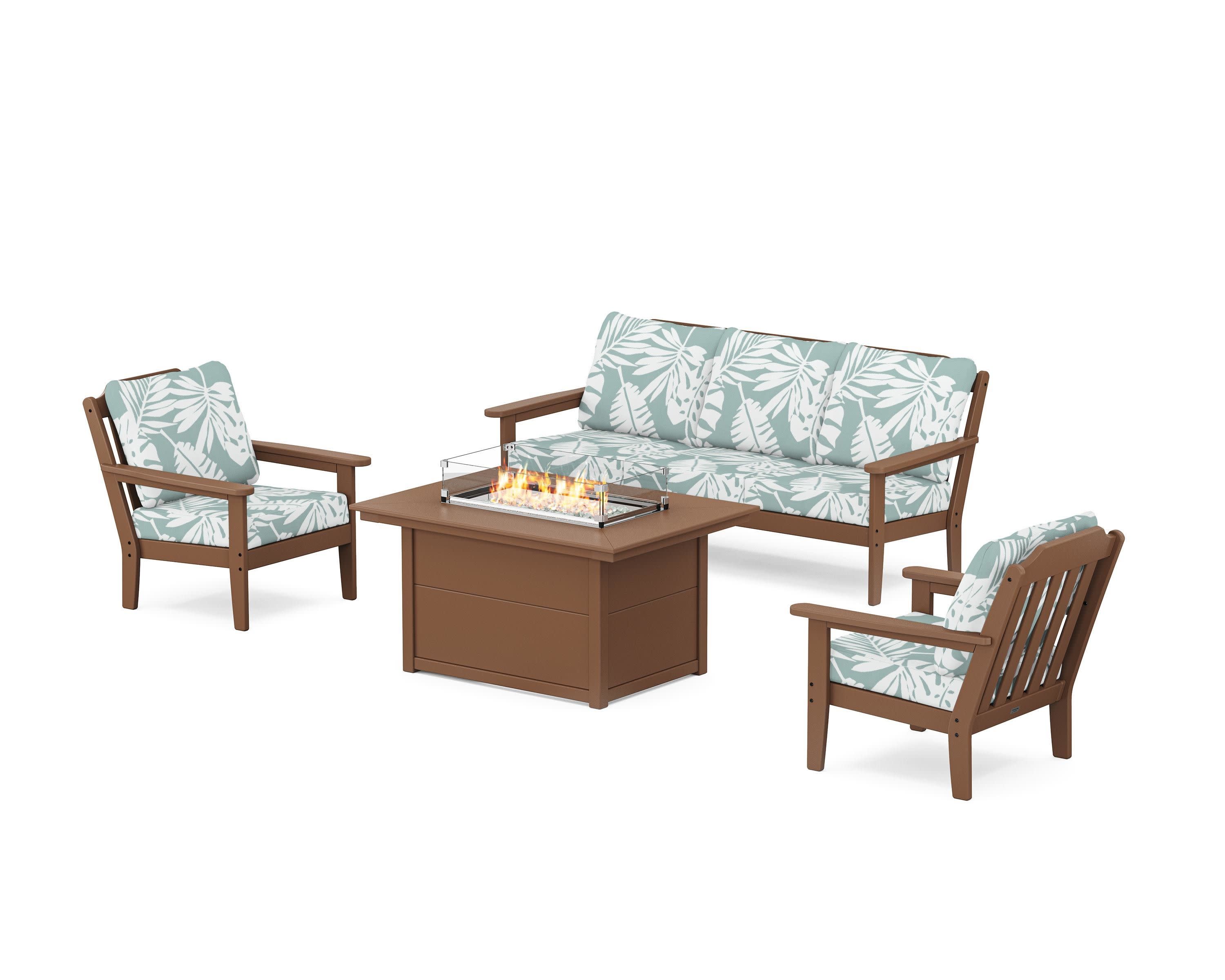 Cottage Deep Seating Fire Pit Table Set in Teak / Leaf Glacier Spa