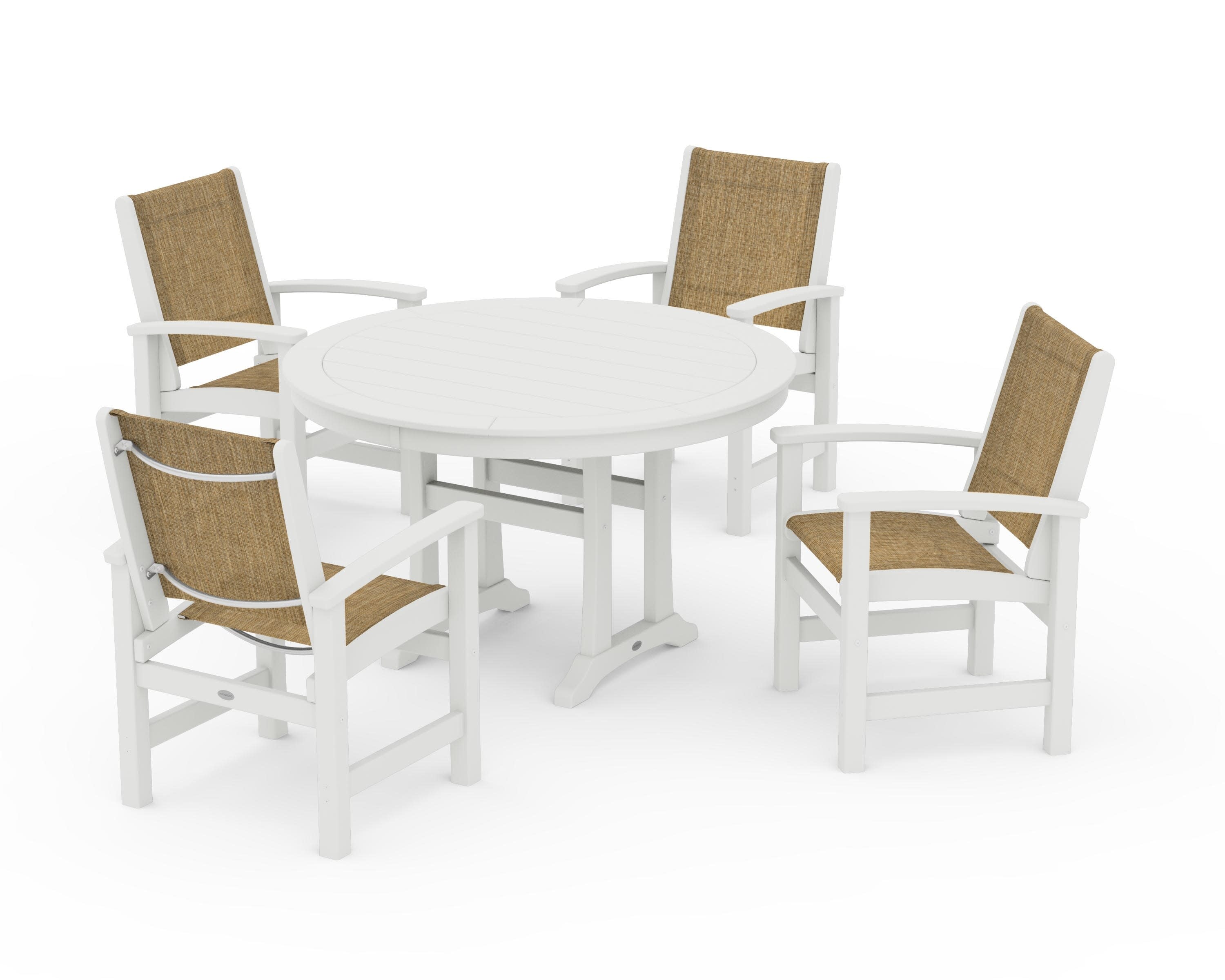 Coastal 5-Piece Round Dining Set with Trestle Legs in Vintage White / Burlap Sling