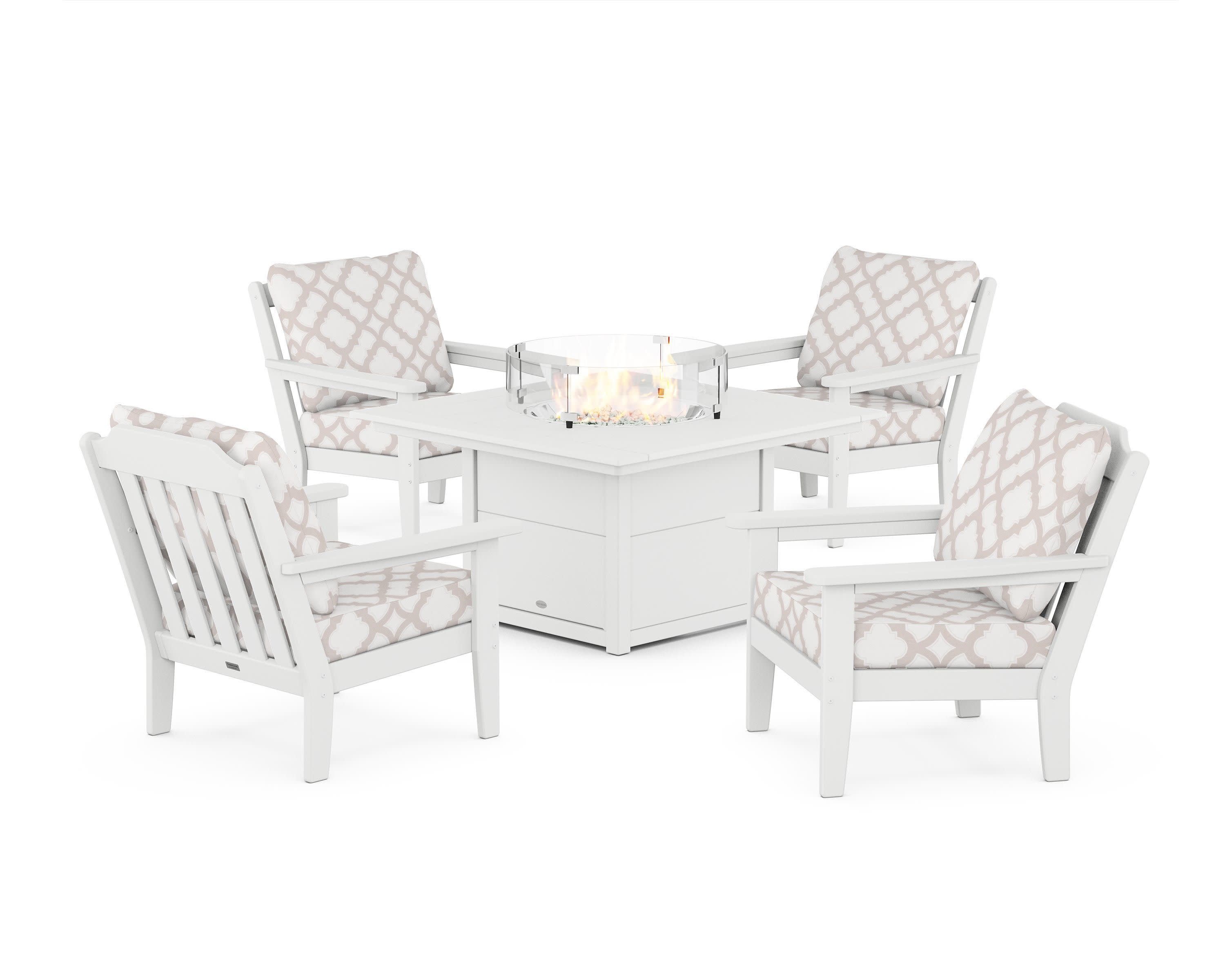 Cottage 5-Piece Deep Seating Set with Fire Pit Table in White / Trellis Dune Burlap