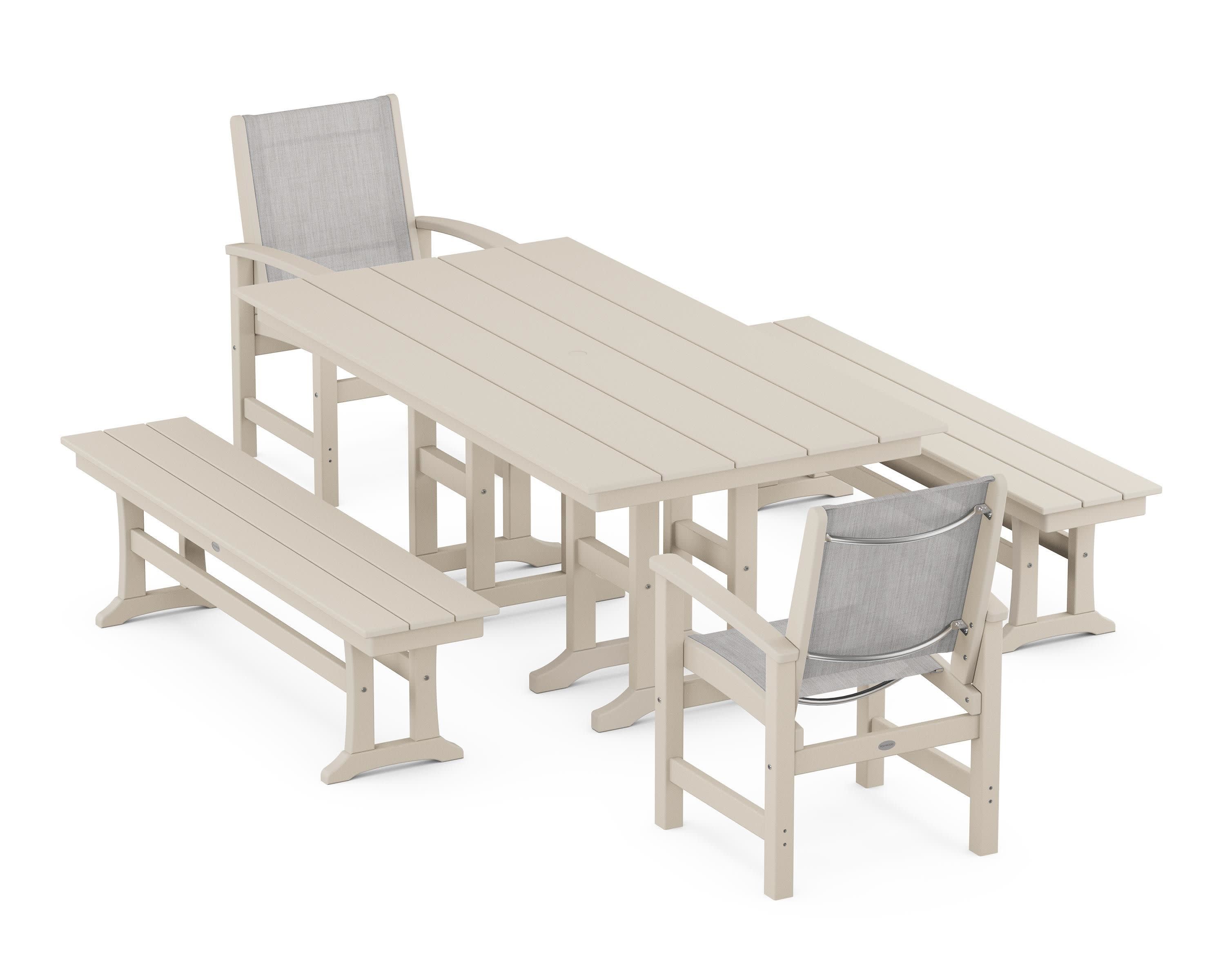Coastal 5-Piece Farmhouse Dining Set in Sand / Parchment Sling