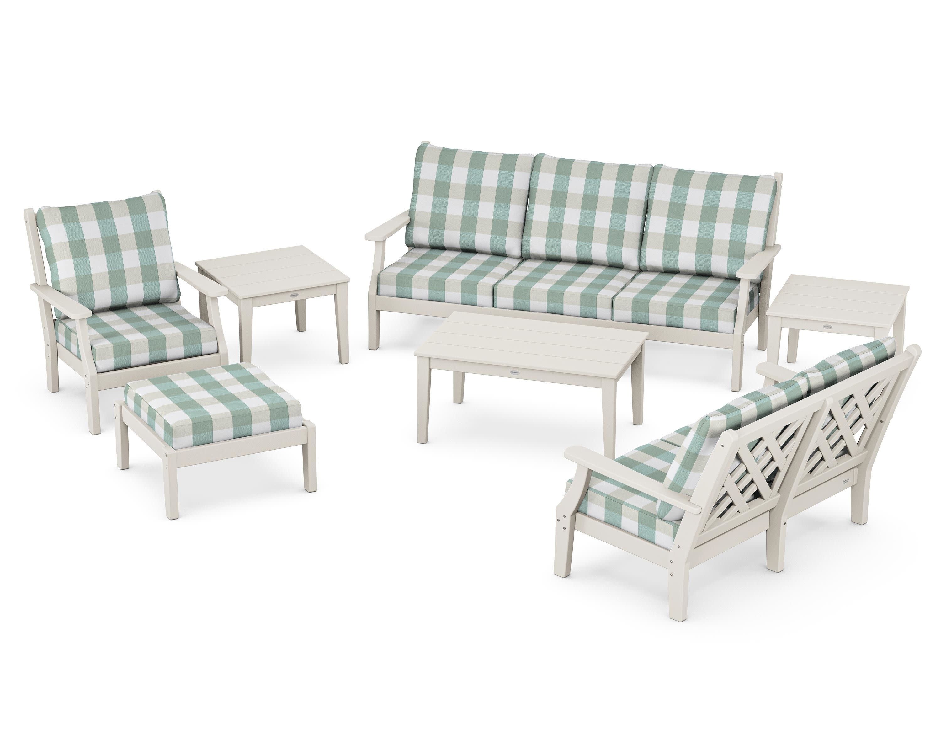 Wovendale 7-Piece Deep Seating Set in Sand / Buffalo Plaid Glacier Spa