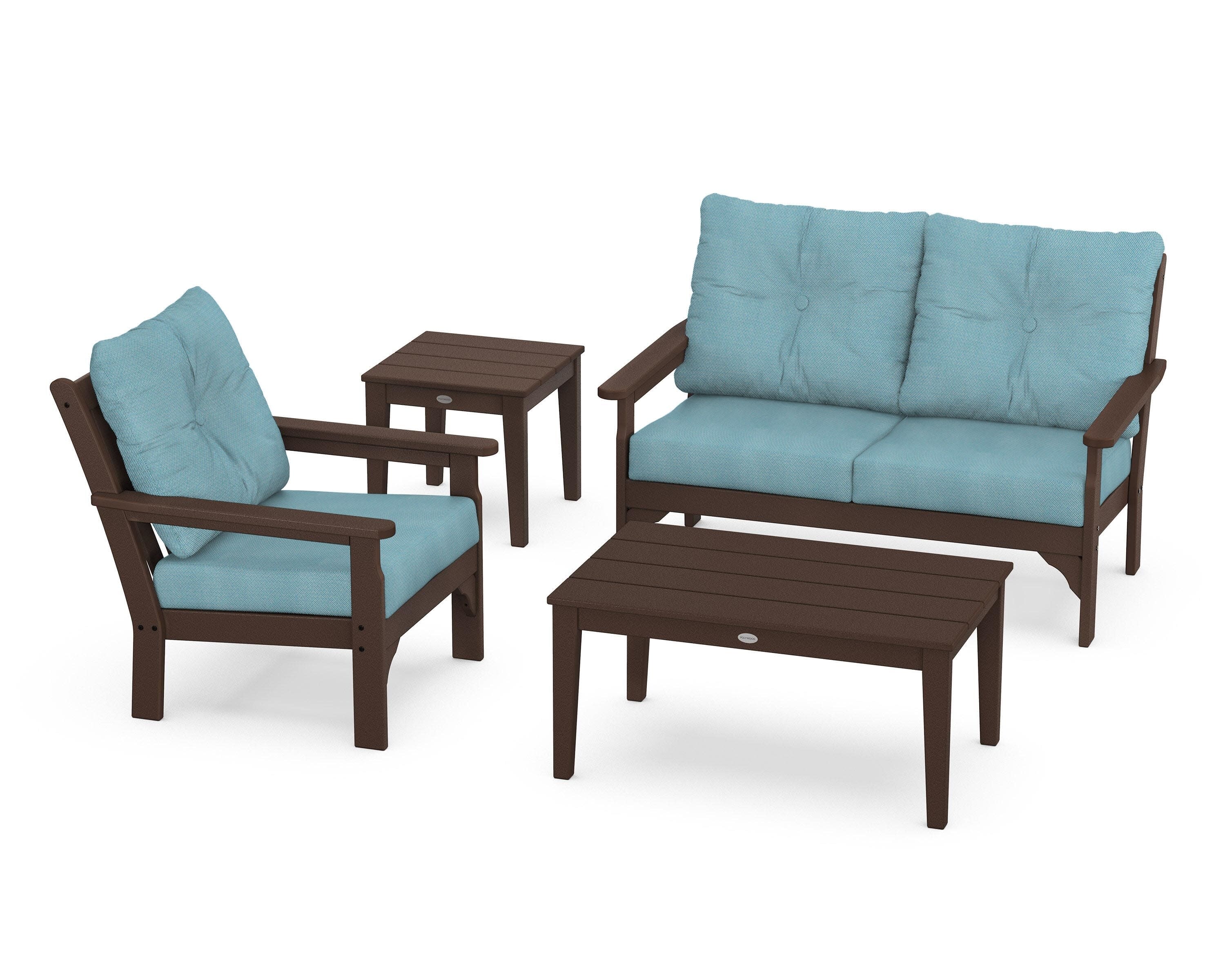 Vineyard 4-Piece Deep Seating Set in Mahogany / Lattice Sky Blue