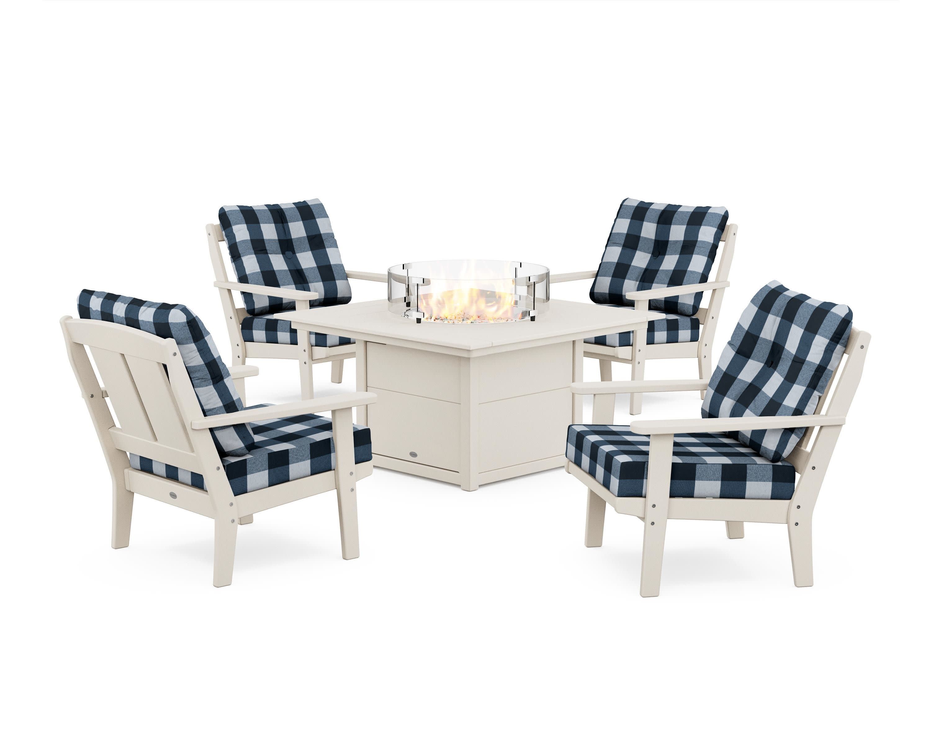Mission 5-Piece Deep Seating Set with Fire Pit Table in Sand / Buffalo Plaid Marine Indigo