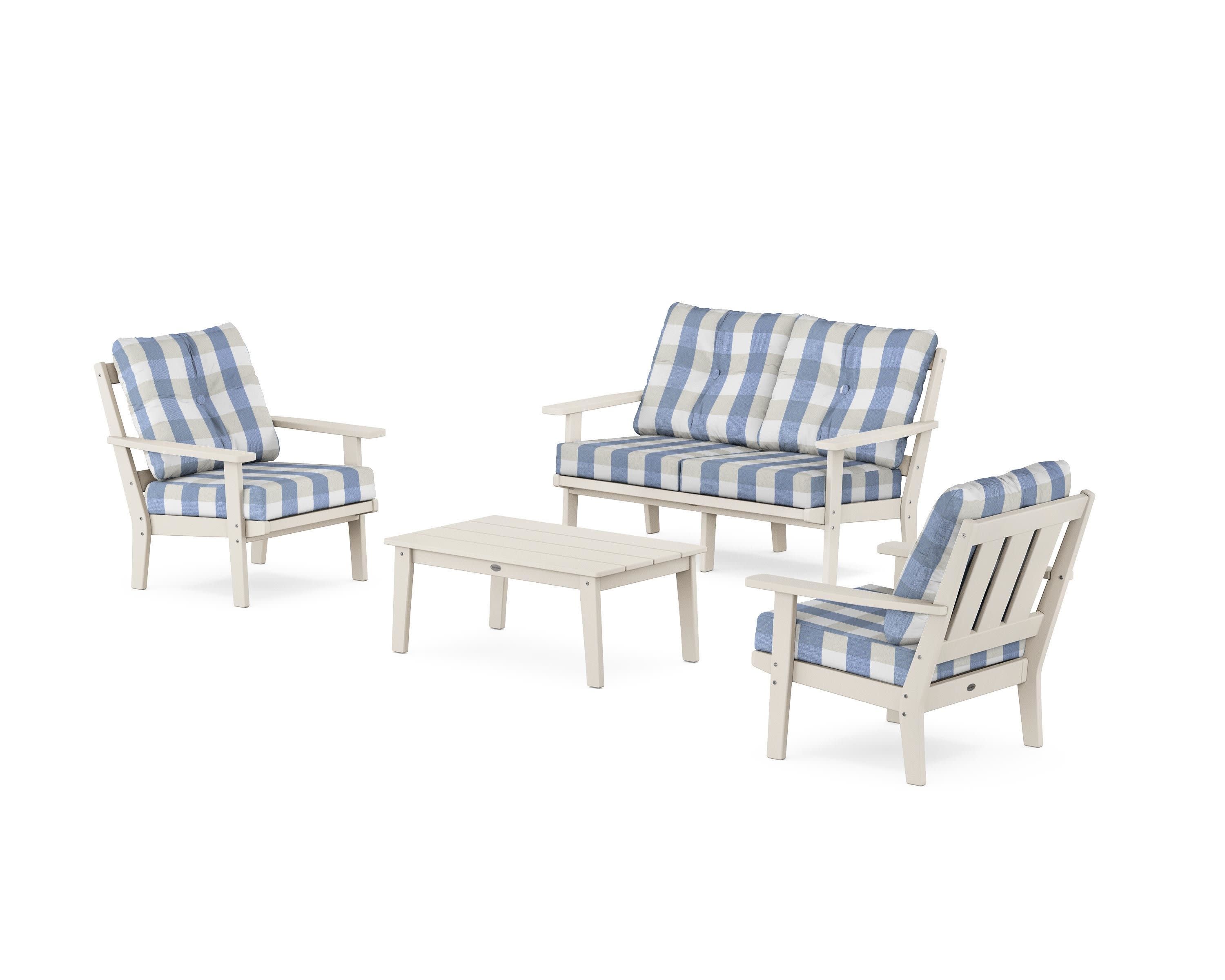 Oxford 4-Piece Deep Seating Set with Loveseat in Sand / Buffalo Plaid Sky Blue