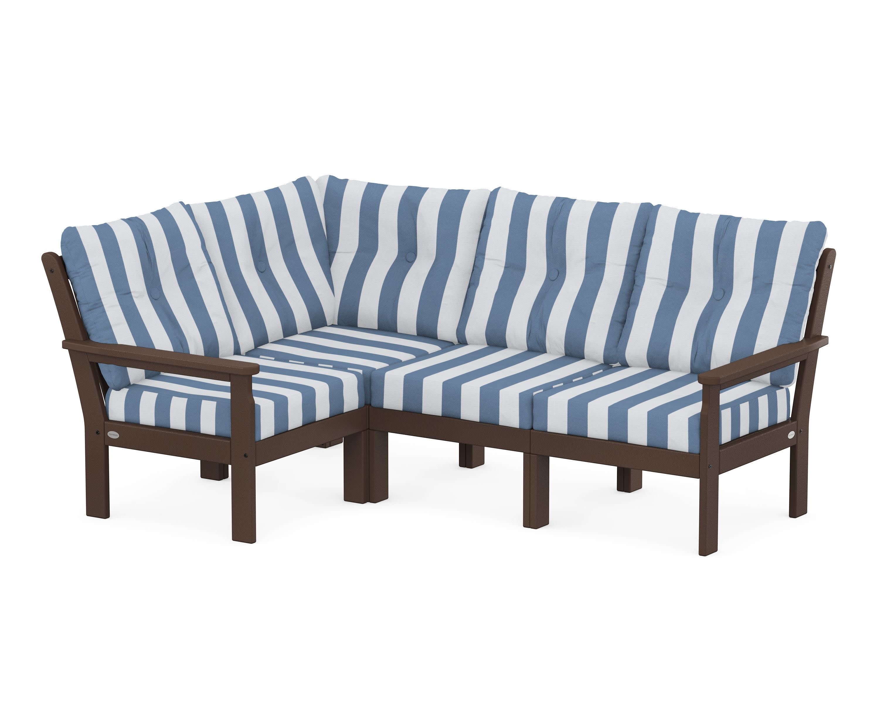 Vineyard 4-Piece Sectional in Mahogany / Cabana Stripe Sky Blue