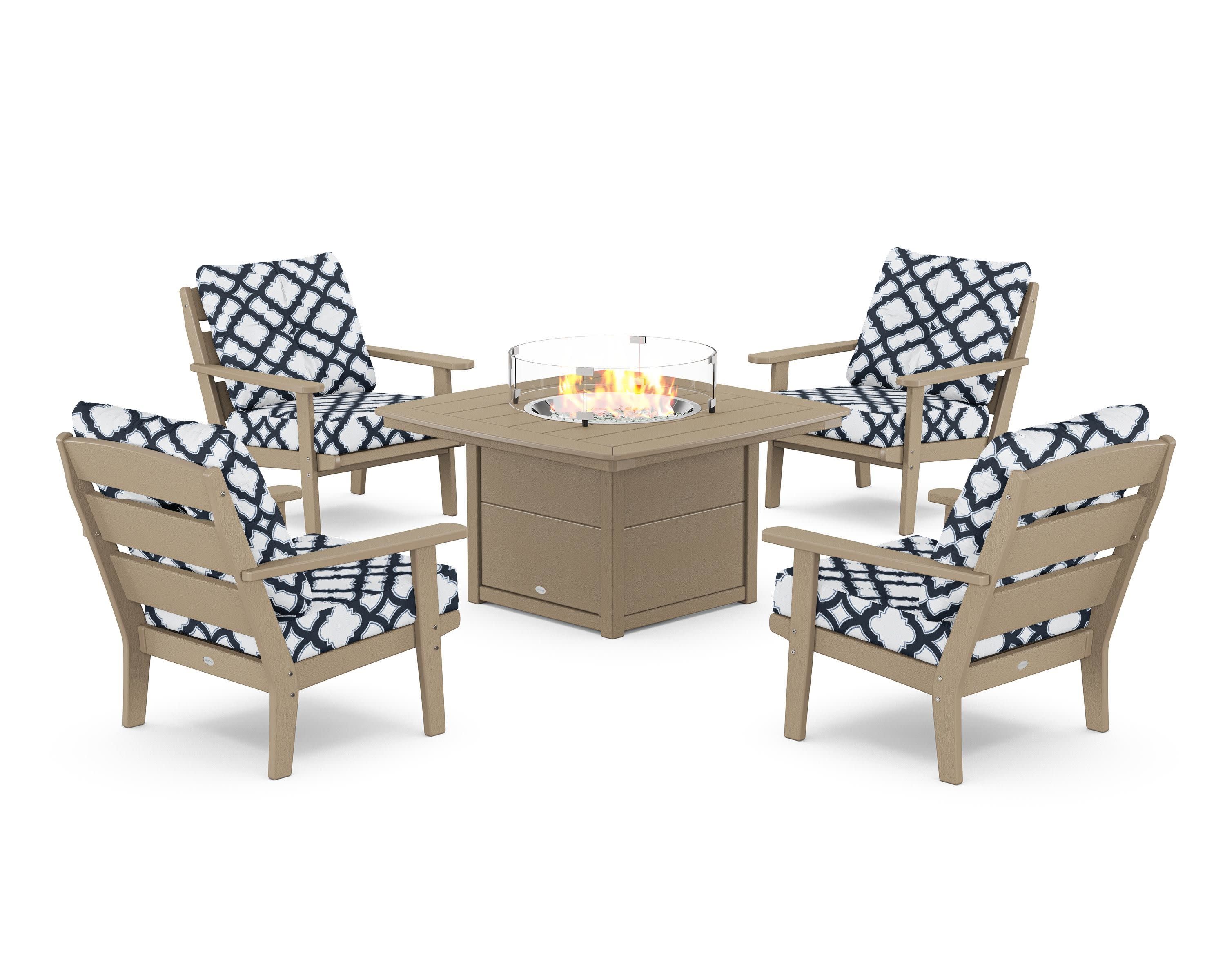 Lakeside 5-Piece Deep Seating Set with Nautical Fire Pit Table in Vintage Sahara / Trellis Marine Indigo