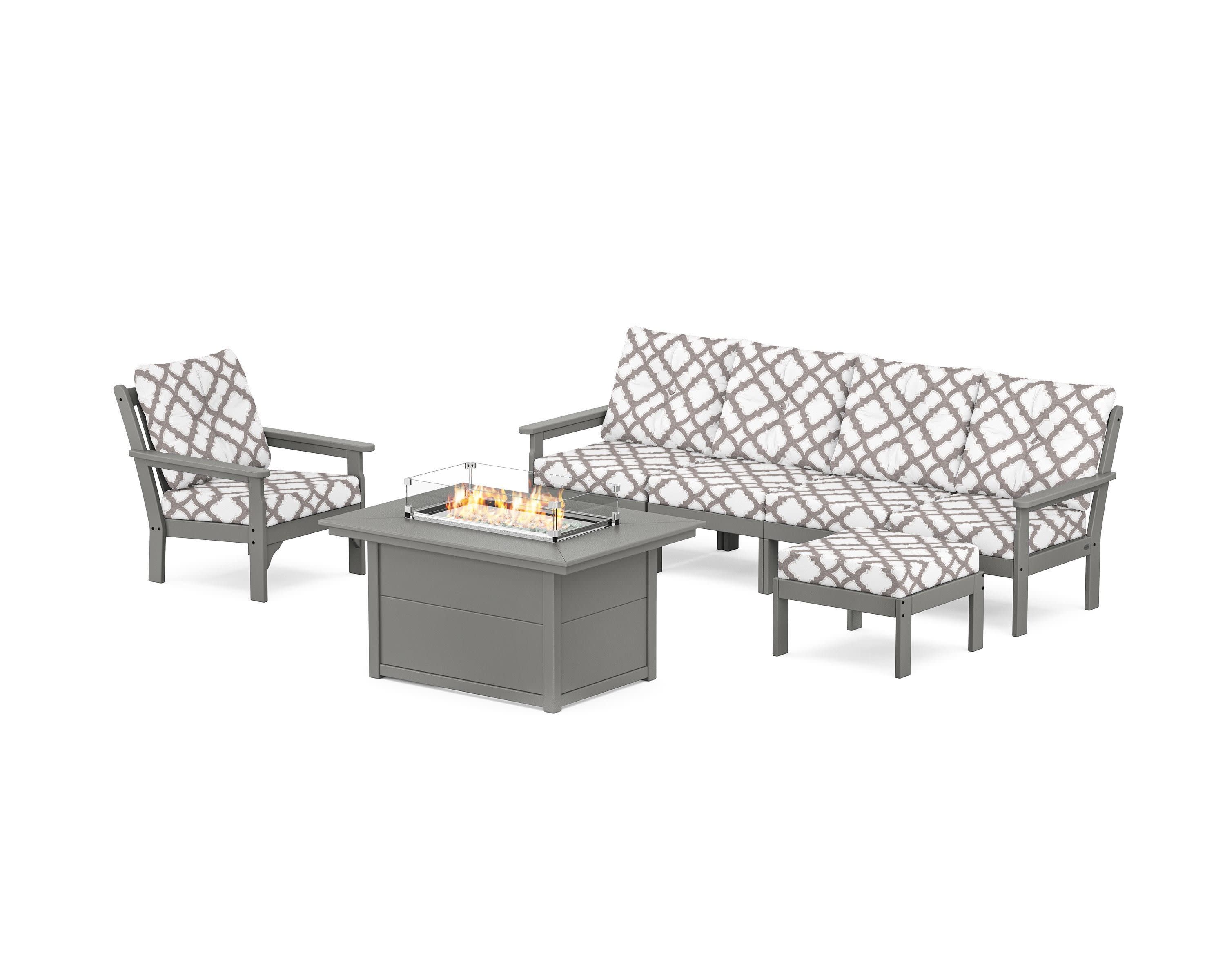 Vineyard Sectional Lounge and Fire Pit Set in Slate Grey / Trellis Grey Mist