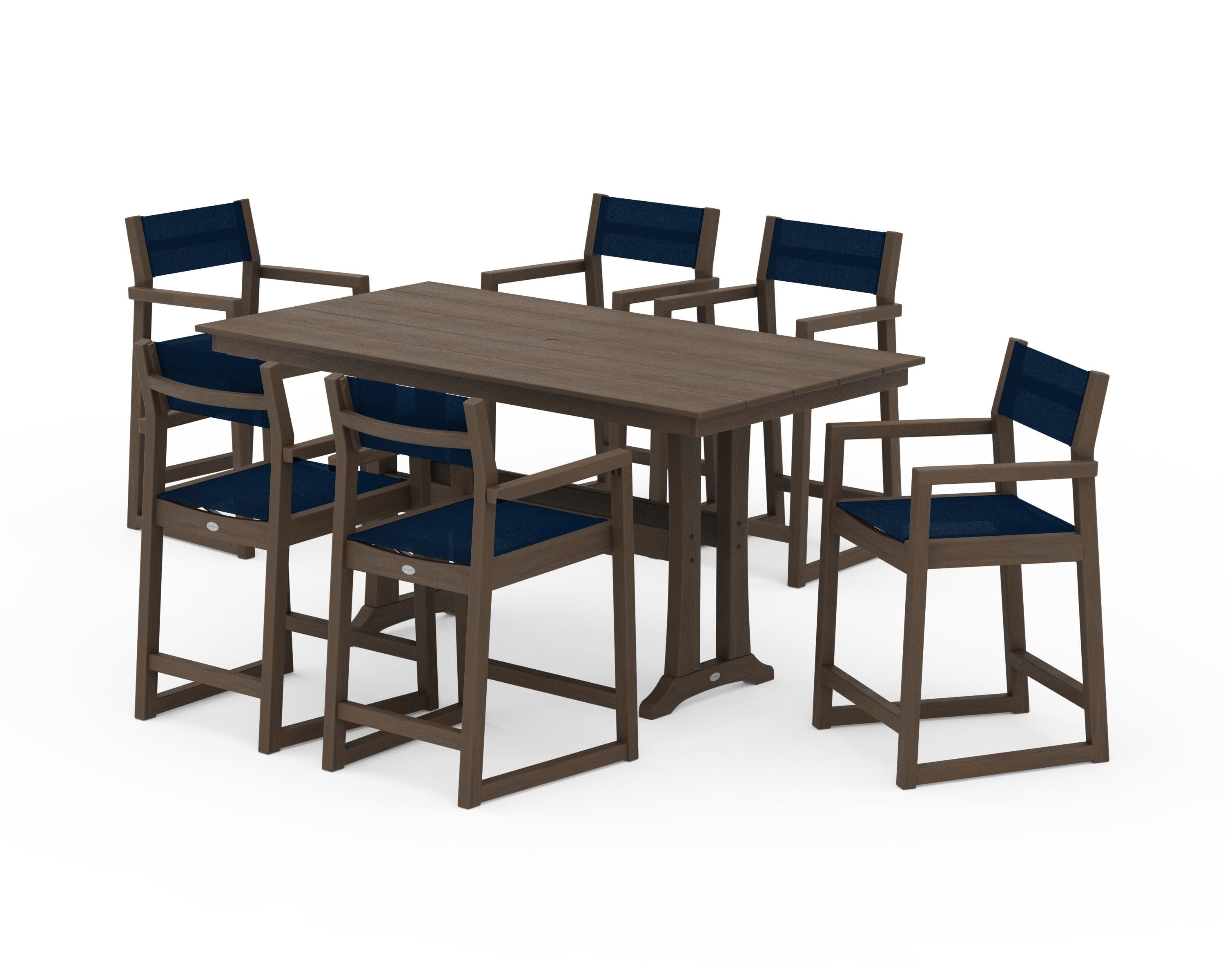 EDGE Sling Arm Chair 7-Piece Farmhouse Counter Set with Trestle Legs in Kona / Navy Blue Sling