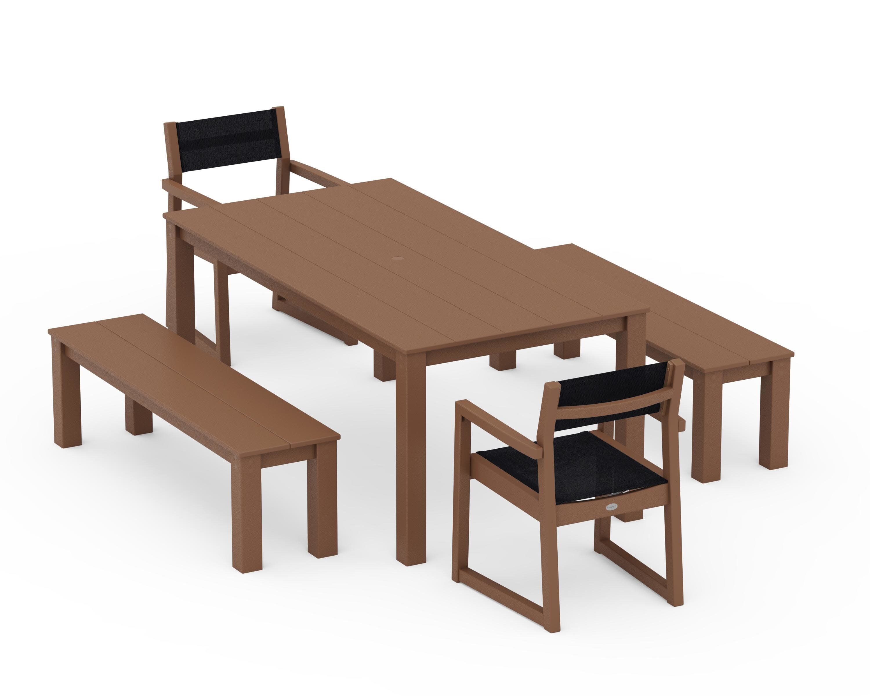 EDGE Sling Arm Chair 5-Piece Parsons Dining Set with Benches in Teak / Black Sling
