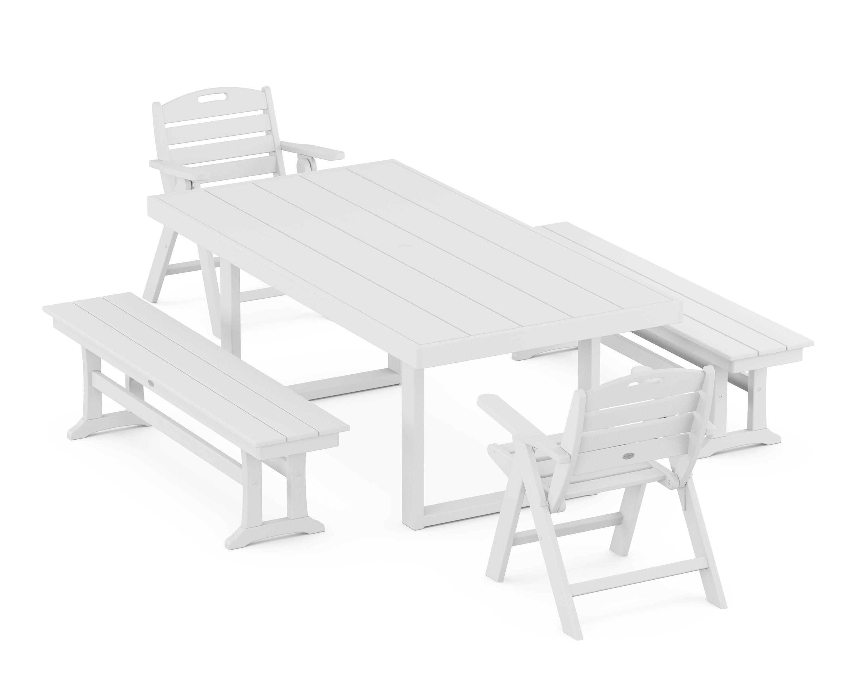 Nautical Lowback 5-Piece Dining Set with Benches in White
