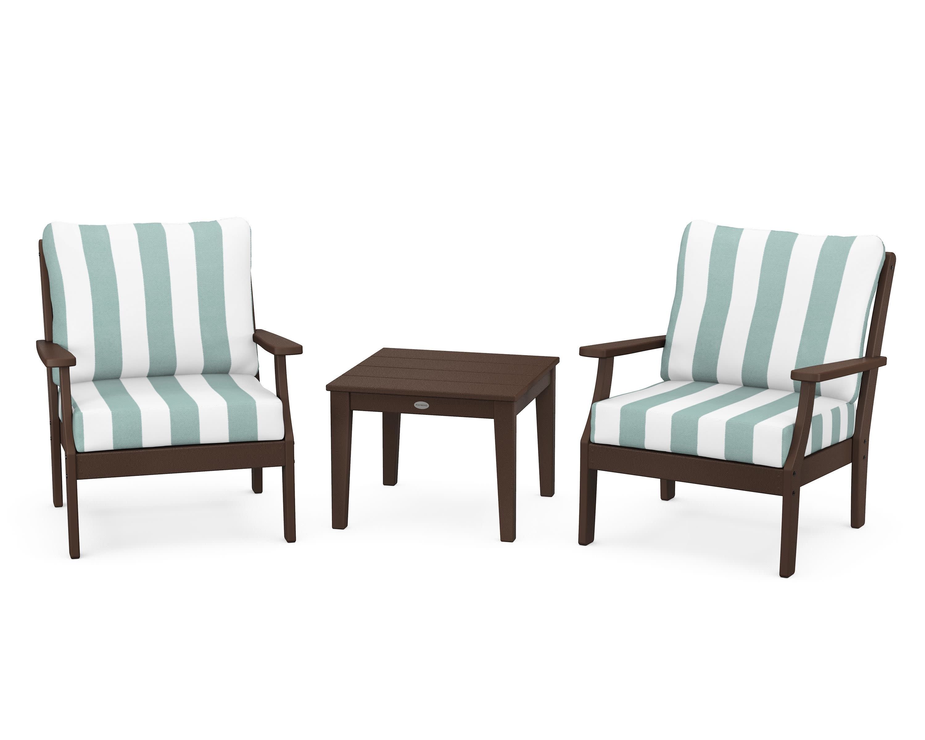 Braxton 3-Piece Deep Seating Set in Mahogany / Cabana Stripe Glacier Spa